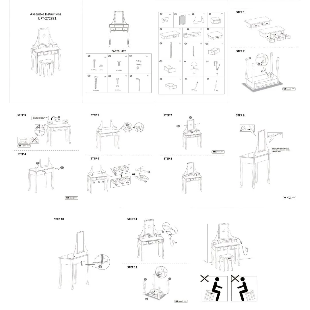 32 Inch 2 Piece Vanity Desk Set with LED Lights, 5 Drawers, Cushioned Stool, White Solid Wood-Saltoro Sherpi