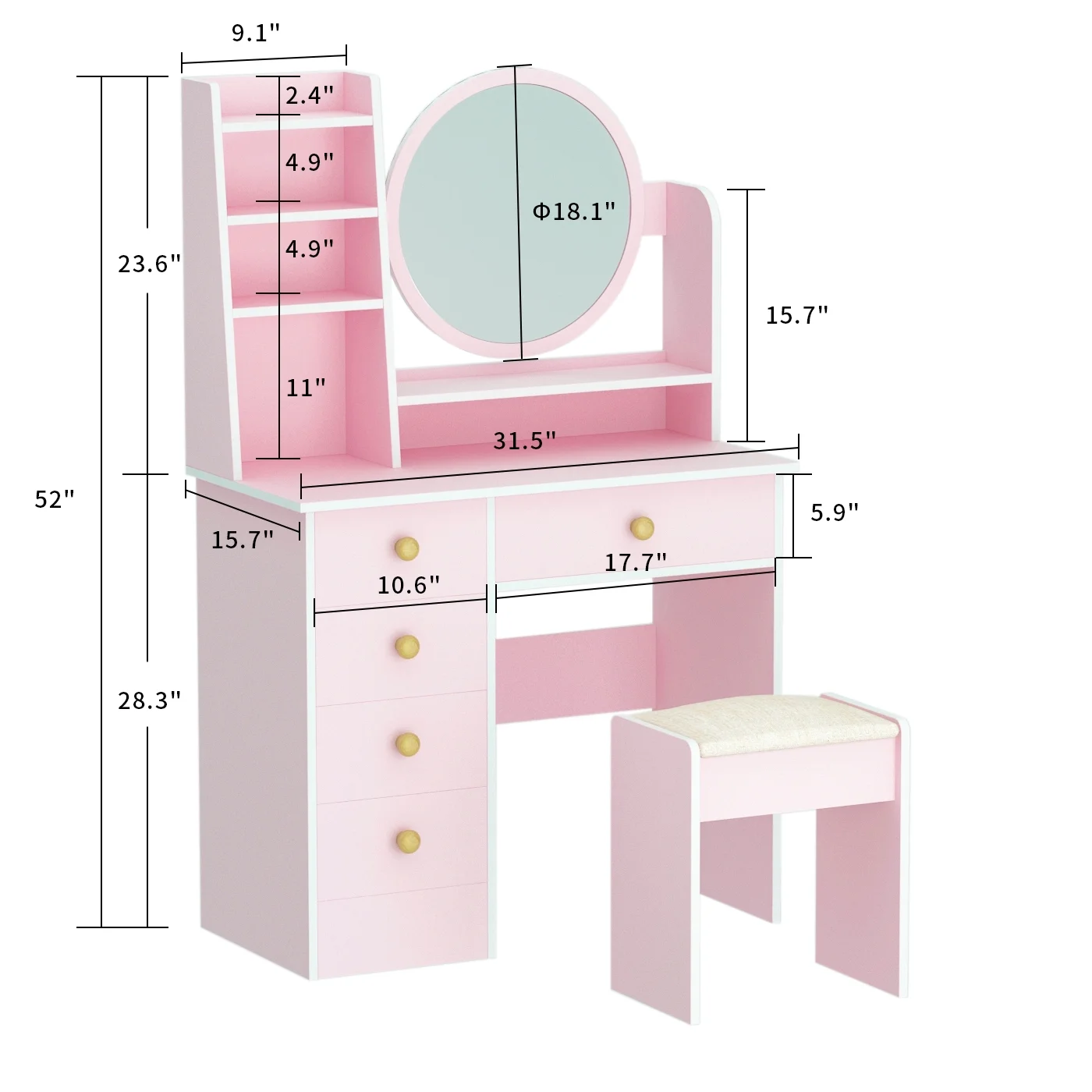 KULAGAGA Vanity Table Set with Light Mirror, Makeup Table with 3 Storage Shelves & 5 Drawers, Dressing Vanity Tables with , Dresser Desk for Girls, Women, White
