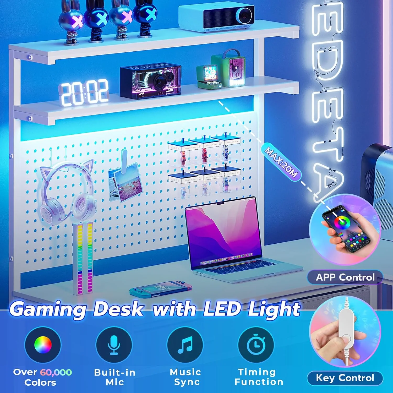 SEDETA White L Shaped Gaming Desk with LED Lights and Drawers, Gaming Desk with Hutch & Pegboard, Computer Desk with Monitor Stand, Storage Shelves, Home Office Desk Corner Desk, Gaming Table