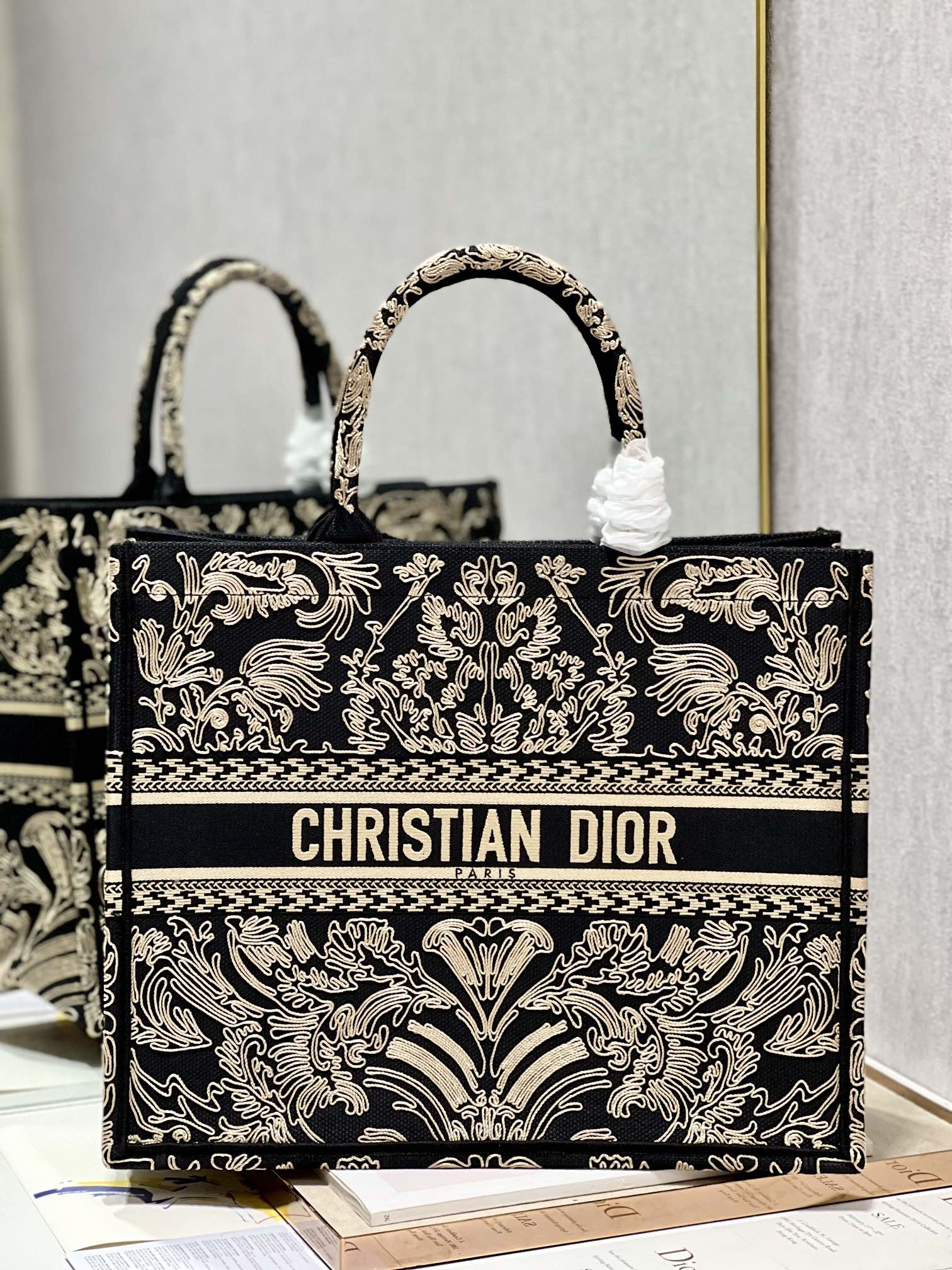 Dior Book Tote Large Black and White Ornamental Cornely-Effect Embroidery