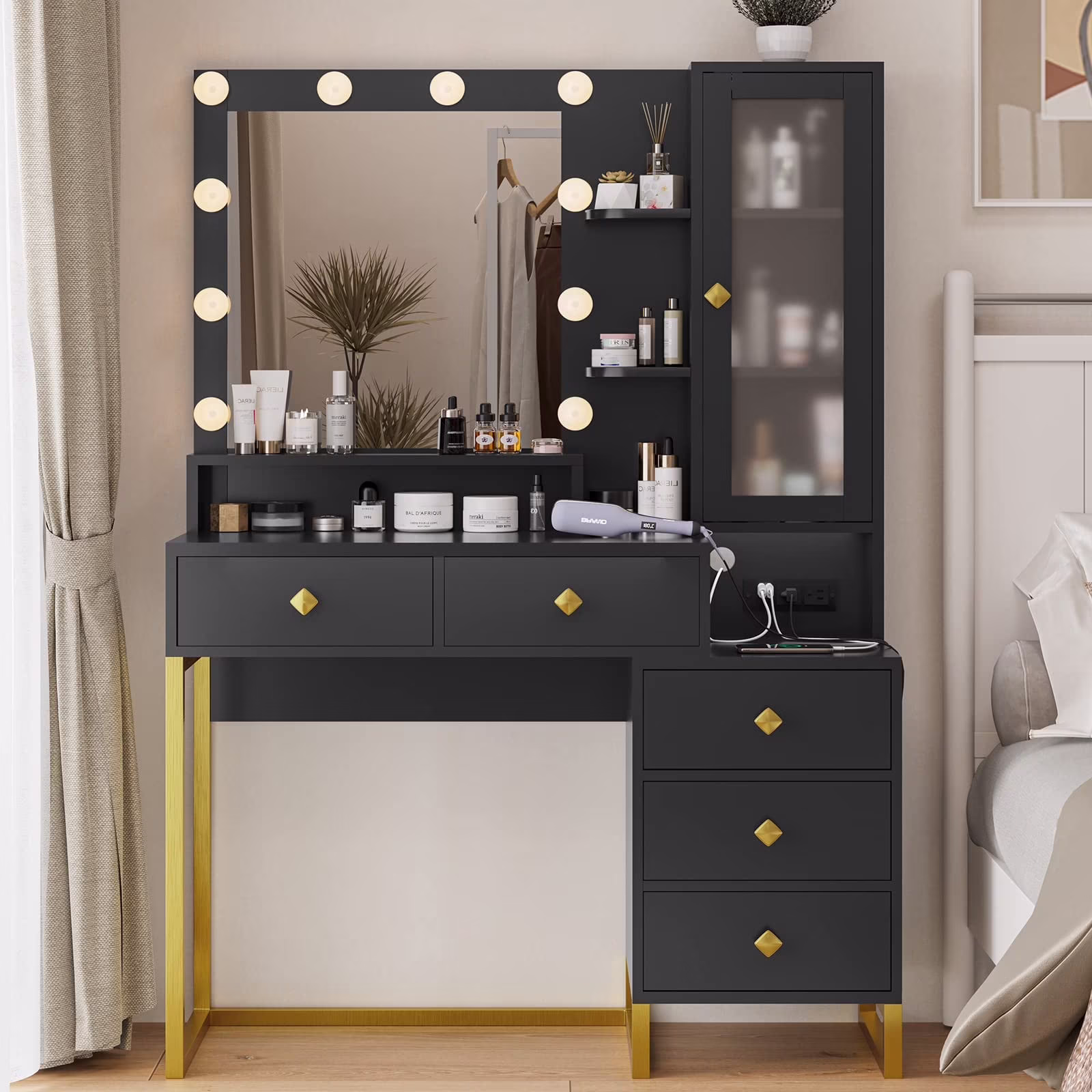 Vanity Desk with LED Lighted Mirror, Makeup Desk with 5 Storage Drawers & 6 Shelves, Vanity Table with Charging Station, Modern Dressing Table with 3 Color Lighting Options, White