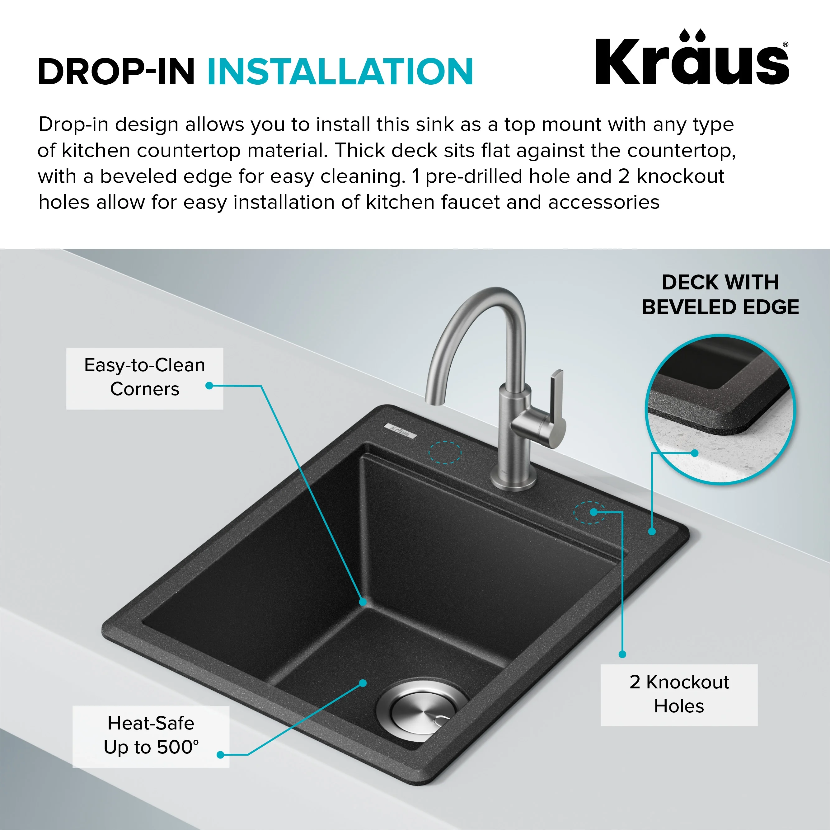 KRAUS Bellucci 18 Granite Composite Workstation Drop-In Top Mount Single Bowl Kitchen Bar Sink in White with Accessories