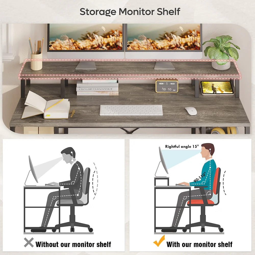 Bestier 55 inch Computer Desk with Monitor Shelf Home Office Desk Grey
