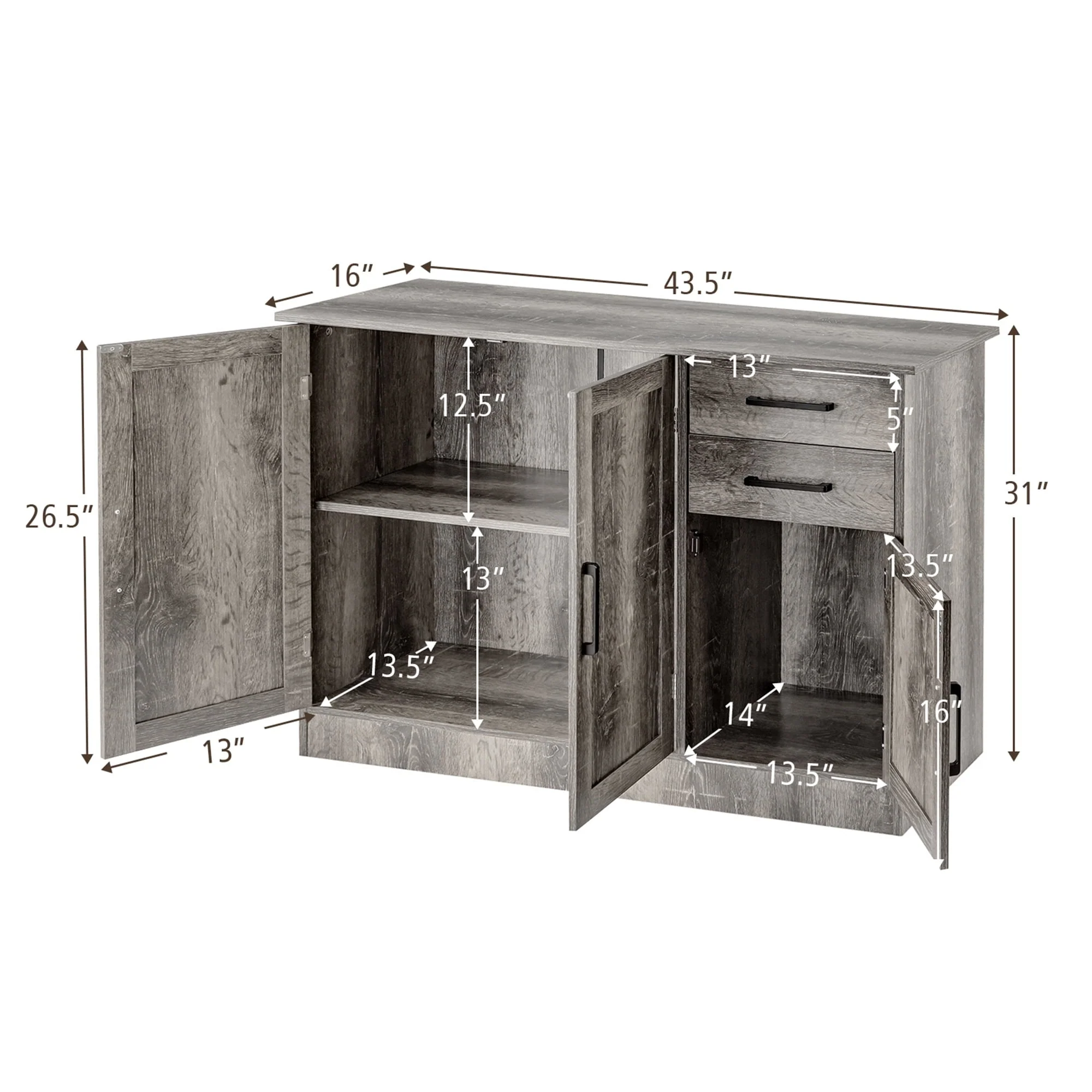 Gymax Buffet Storage Cabinet Console Table Kitchen Sideboard Drawer Grey
