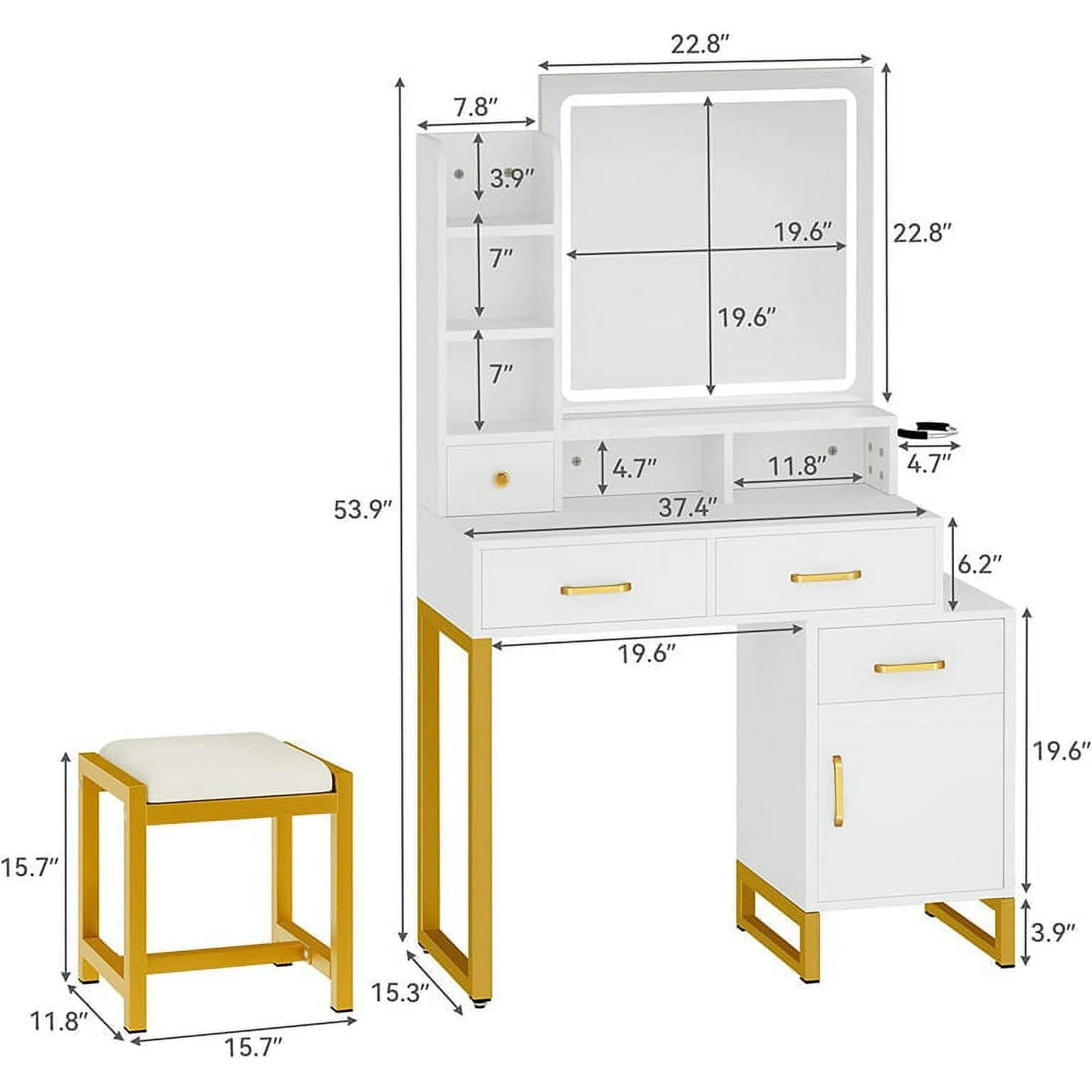 Dextrus Vanity Desk with Mirror and Lights, Makeup Vanity with Lights and Drawers, Vanity Mirror with Lights and Table Set, 3 Color Adjustable Lighting Brightness & Power Outlet, White