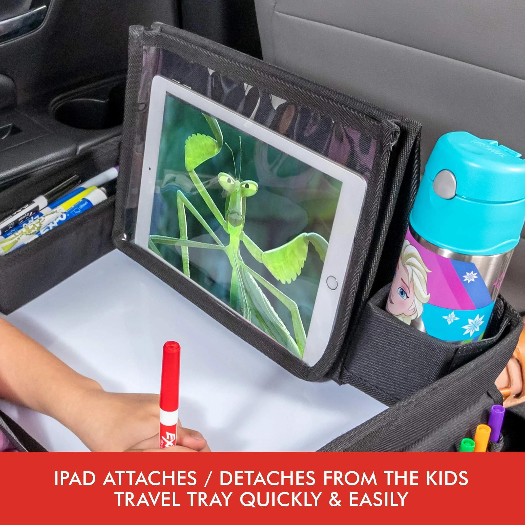 Lusso Gear Kids Travel Tray with Dry Erase Board, Road Trip Essentials Kids, No-Drop Tablet Holder, Lap Desk, Cup Holder, Toddler Toy Storage, Fits Airplane and Booster Seat (Unicorn)
