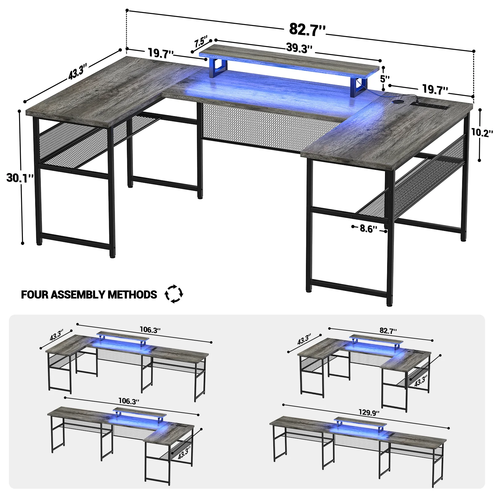 Homieasy U Shaped Desk with Power Outlet and LED Strips, 129.9'' Ergonomic L-Shaped Gaming Desk with Monitor Stand, Reversible Corner Computer Desk with Storage Shelf for Home Office, White Oak