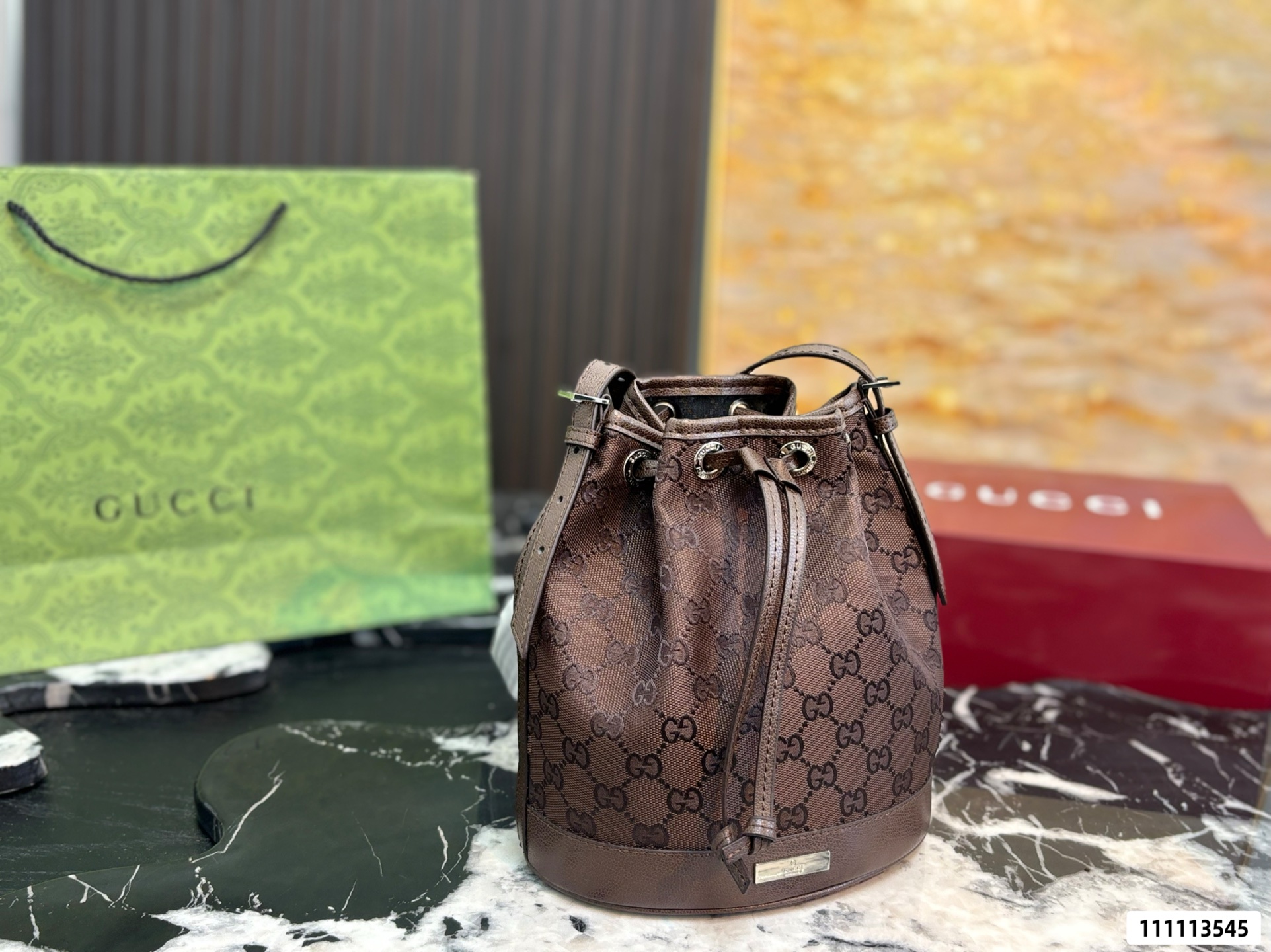 Gucci Monogram Drawstring Bucket Bag