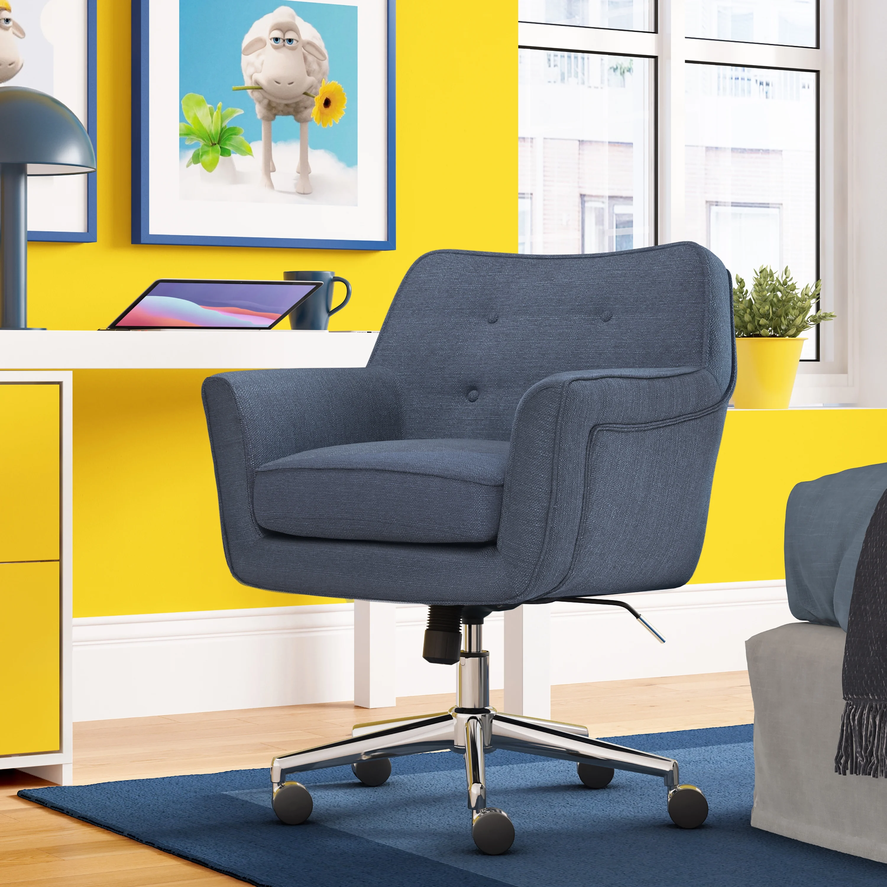 Serta Ashland Office Desk Chair, Button Tufted Mid-Back, Memory Foam Cushion, Chrome Swivel Base, Charcoal