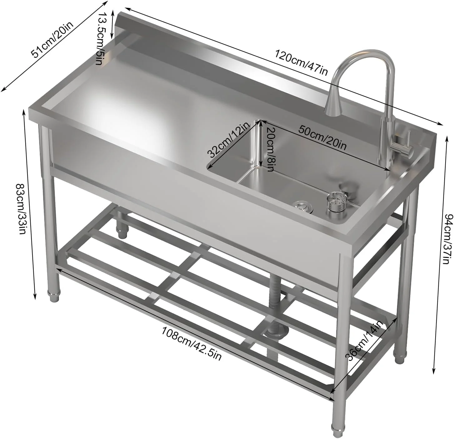 TROPOW 24x20x42 Inch Stainless Steel Utility Sink, Freestanding Single Bowl with Cold and Hot Water Hose and Faucet, Commercial Sink Kitchen Sink for Restaurant Laundry Room Bathroom Garage Garden