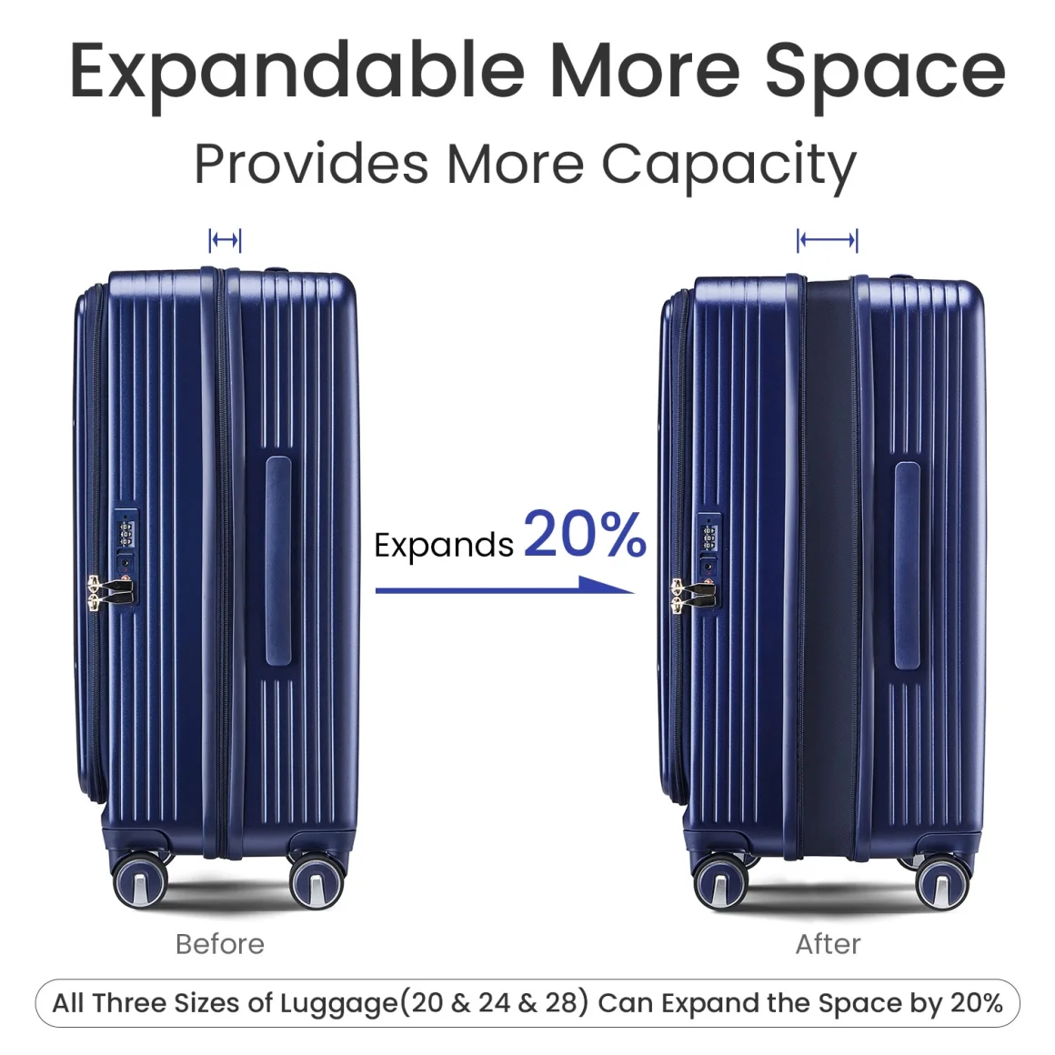 3 Piece luggage sets, Expandable Luggage 20/24/28 Inches with TSA Lock, PC Hardshell Luggage with Front Compartment, Airline Approved, Pink