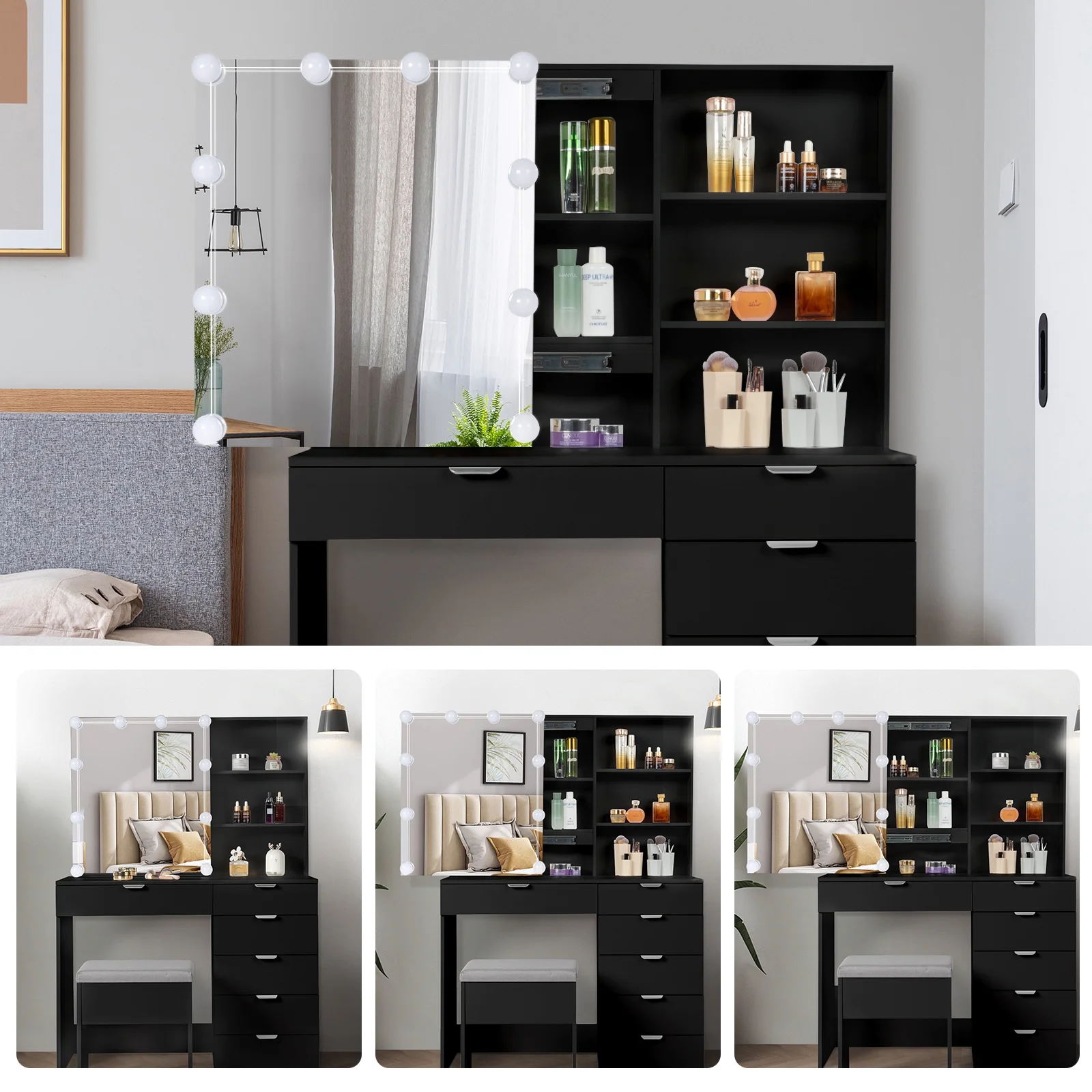 Ktaxon Vanity Set with 3 Color Lighted Mirror, Makeup Table with 6 Drawers, Dressing Table Makeup Desk with Stool,White