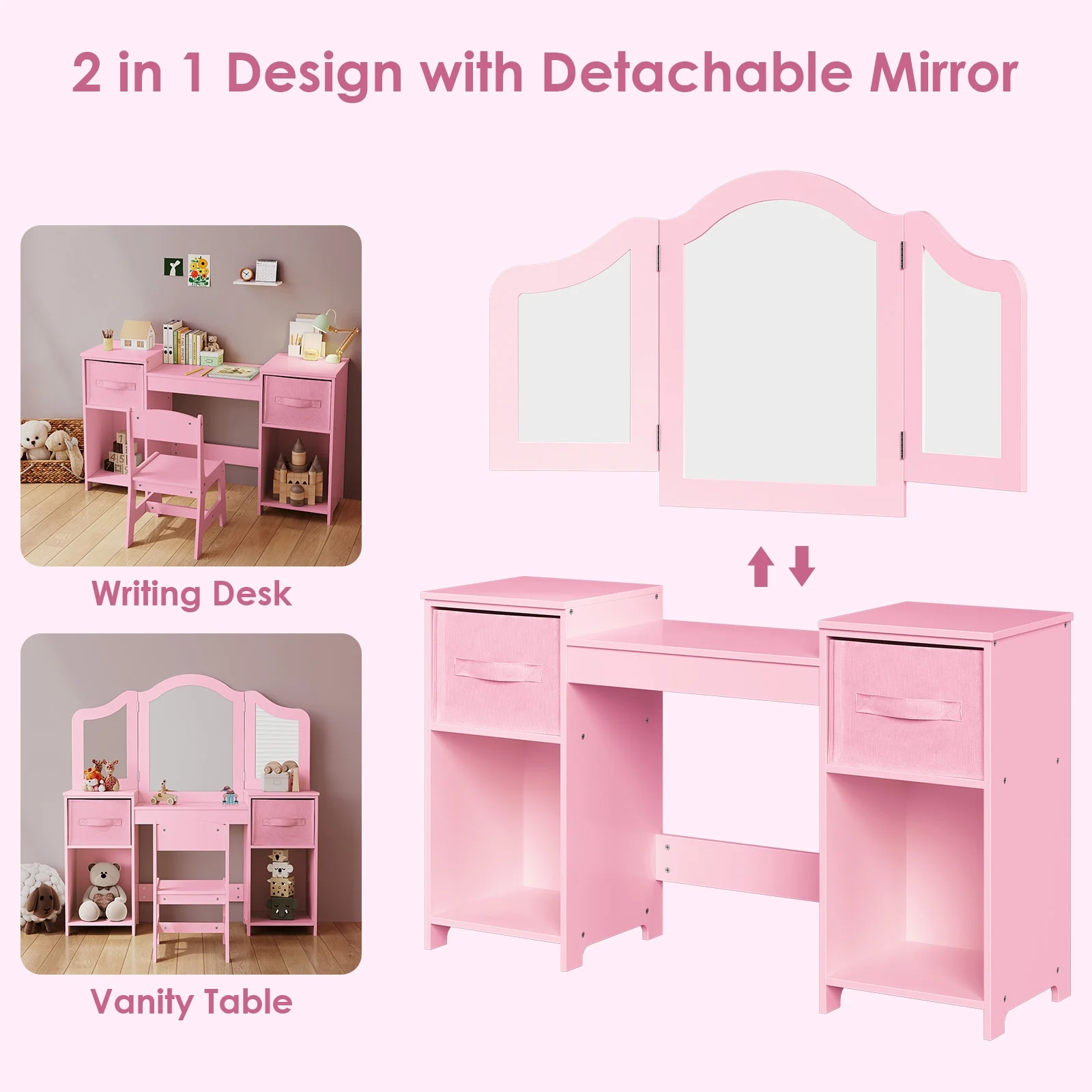 Arlopu Kids Vanity Set with Stool, Wooden Makeup Vanity Desk Children Dressing Table with Chair, Tri-Folding Mirror, Storage Cabinet & Drawers
