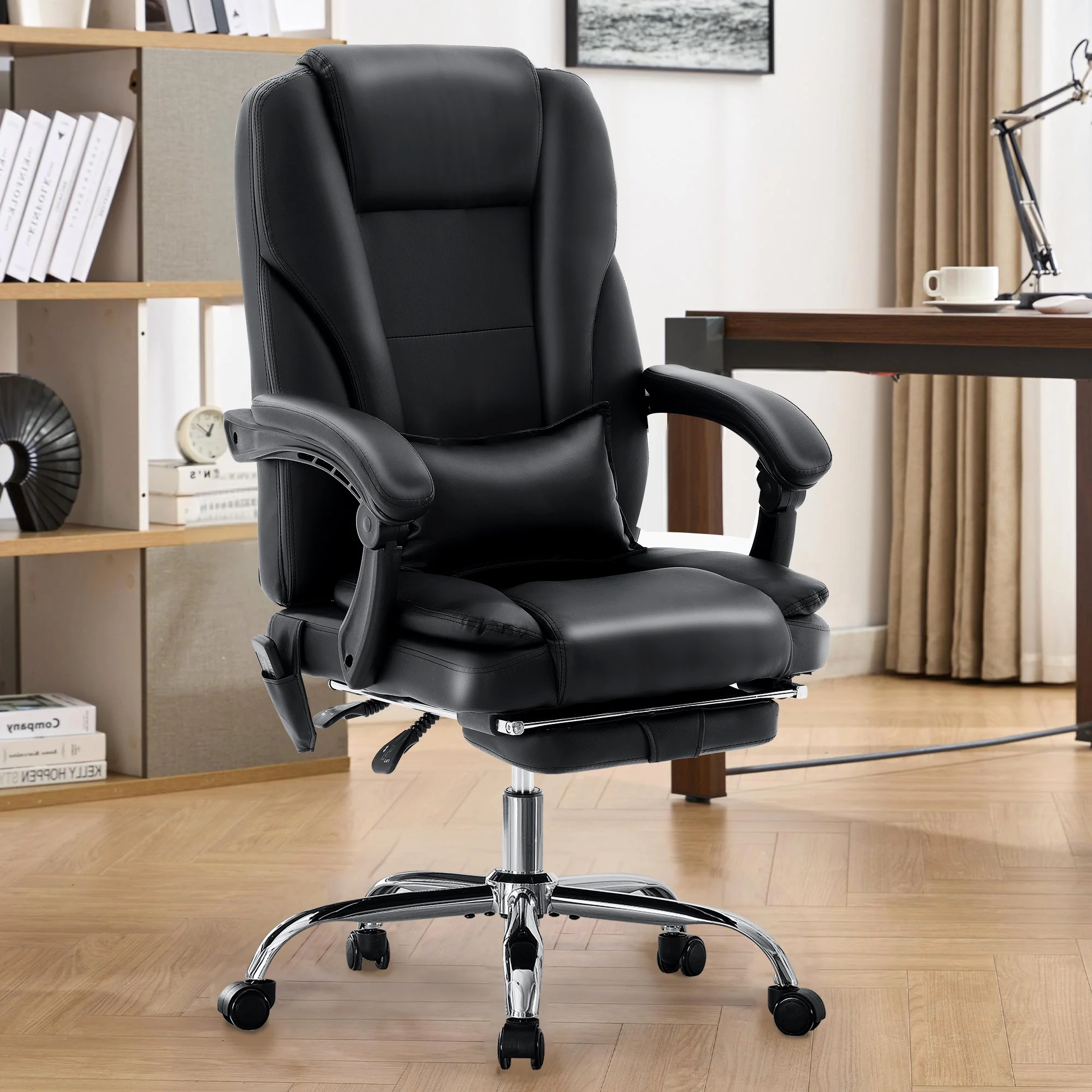 JONPONY Big and Tall Office Chair 500LBS Executive Office Chair Massage and Footrest Ergonomic Computer Desk Chair Reclining High Back Leather Office Chair Lumbar Back Support Swivel Rolling,Black