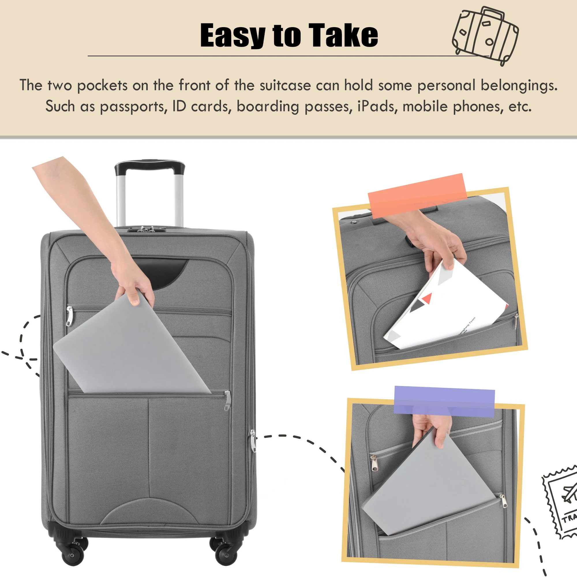 PAPROOS 3 PCS Luggage Set with Duffel Bag, Lightweight Carry on Softside Suitcases Set, 20in 24in 28in Expandable Suitcase with Spinner Wheel and TSA Lock, Softshell Luggage Travel Set, Gray