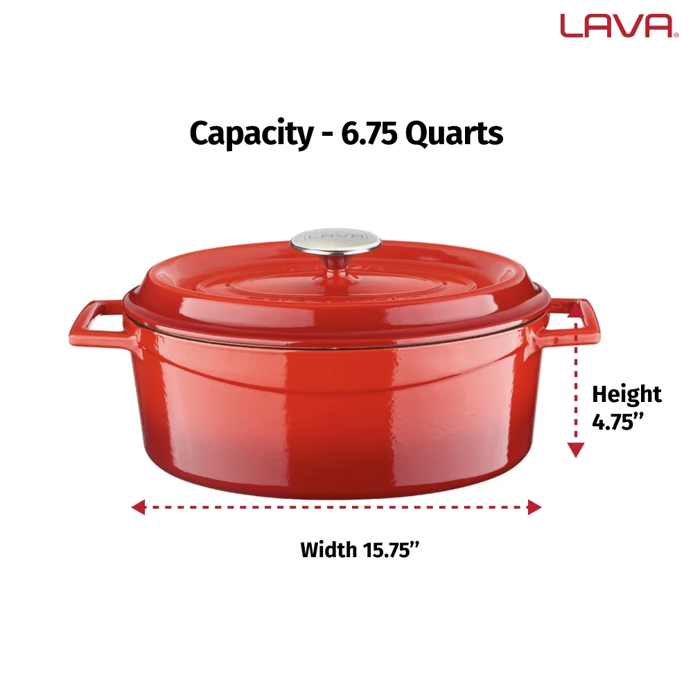 LAVA 6.75 Quarts Cast Iron Dutch Oven: Multipurpose Stylish Oval Shape Dutch Oven Pot with Three Layers of Enamel Coated with Trendy Lid (Blue)