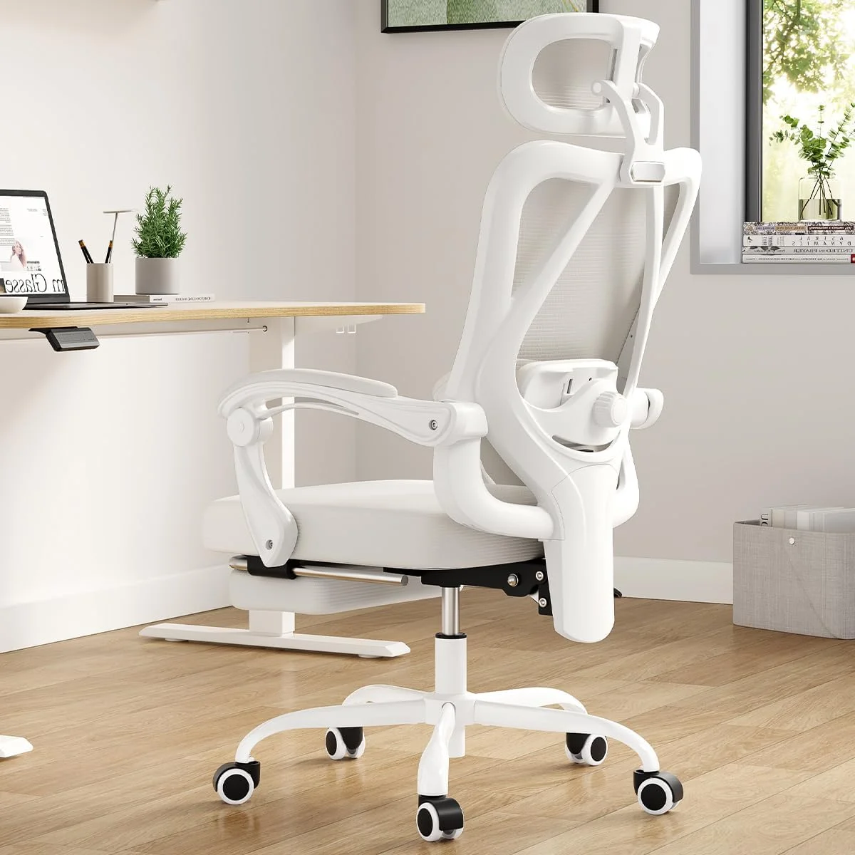 STARY Ergonomic Office Chair with Footrest, High Back Mesh Desk Chair with Adjustable Headrest & Lumbar Support, Comfortable Computer Chair for Home Office Study, White & Beige
