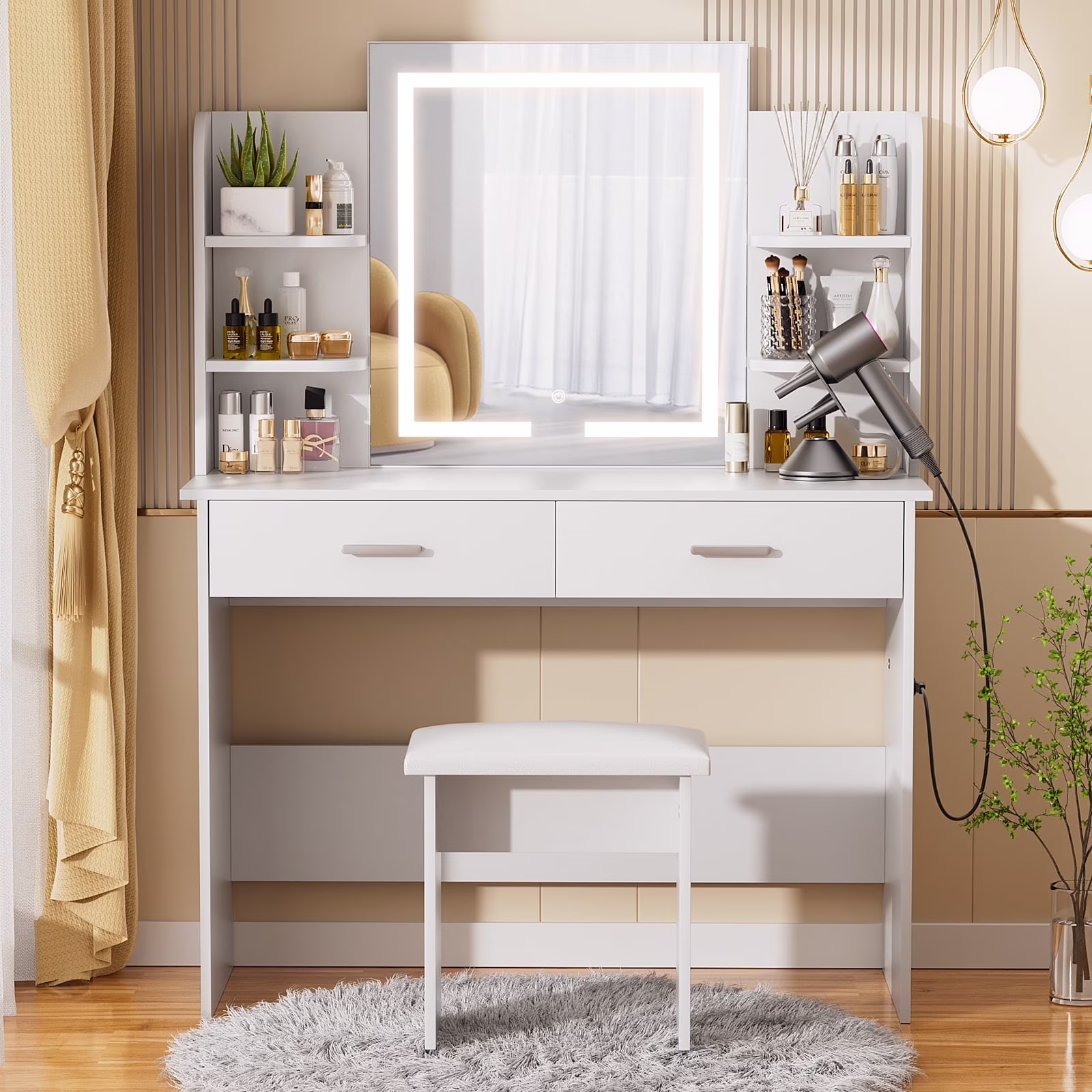 RichYa Modern Makeup Vanity Set with Lights Mirror and Drawers,White Makeup Desk,Dressing Table