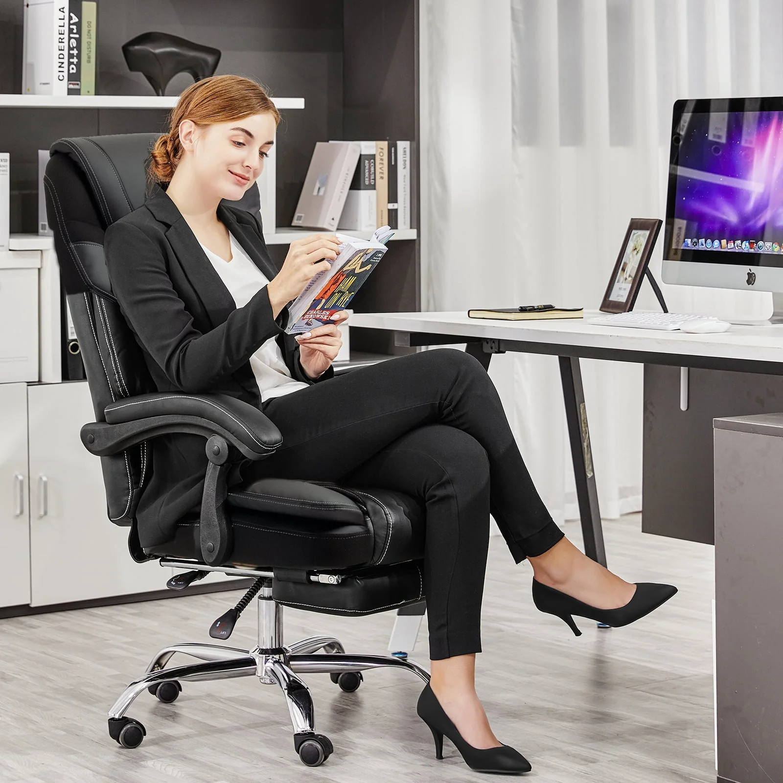 Massage Office Chair, Reclining Office Chair with Footrest, Ergonomic Office Chair with Lumbar Support, High Back Executive Office Chair, Height and Armrest Adjustable, 300lb Capacity
