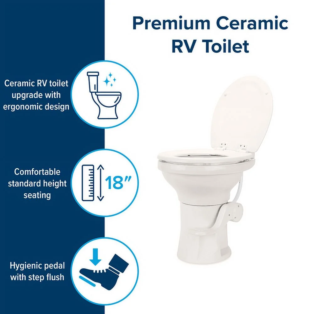 Camco Premium Ceramic Camper/RV Toilet | Features Gravity Flush System with Convenient Foot Pedal | Full-Sized Ergonomic Design with 18