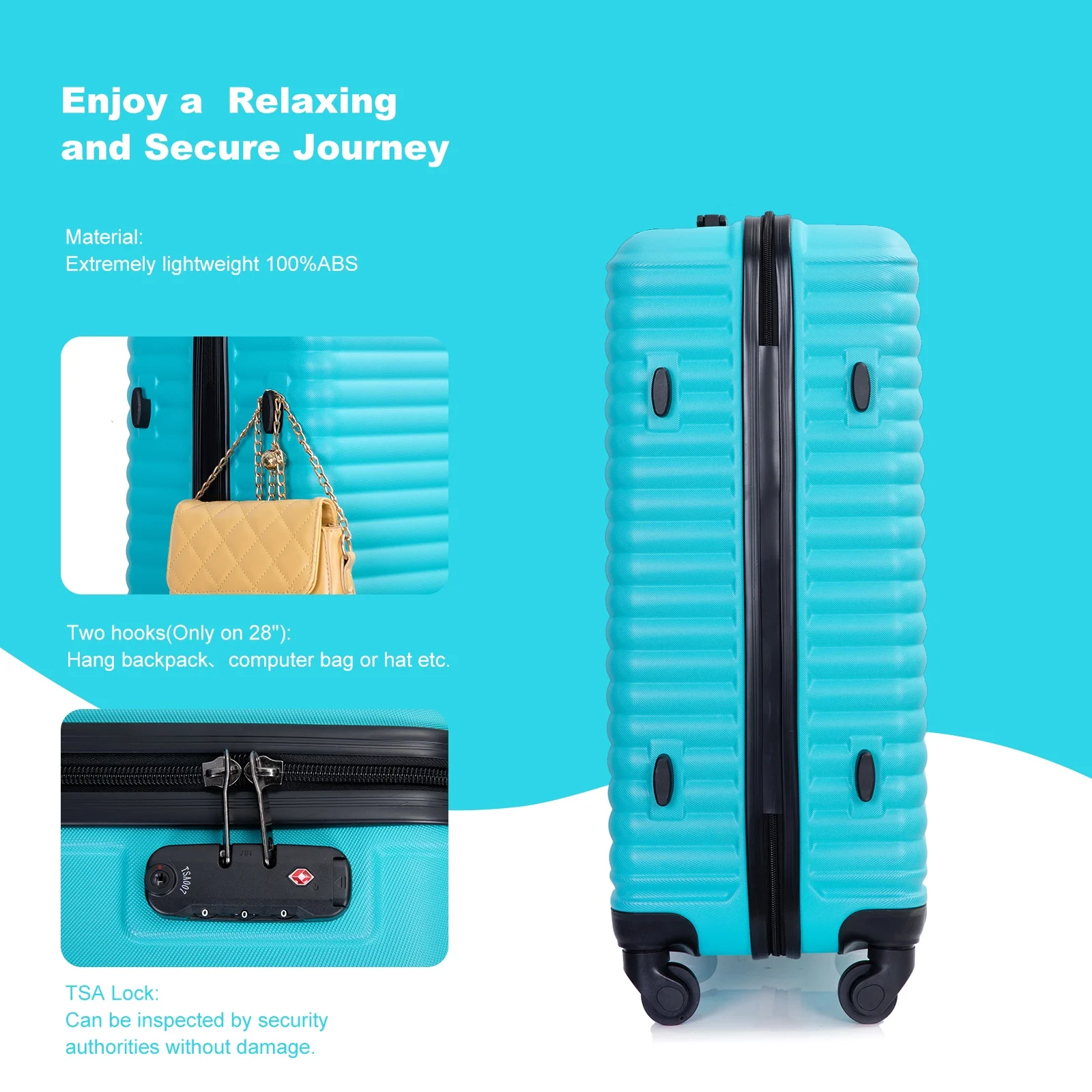3 Pieces Luggage Sets, Expandable ABS Hardshell Clearance Luggage, Hardside Lightweight Durable Suitcase Sets with Two Hooks, Spinner Wheels and TSA Lock, 20in/24in/28in Travel Suitcase, Turquoise
