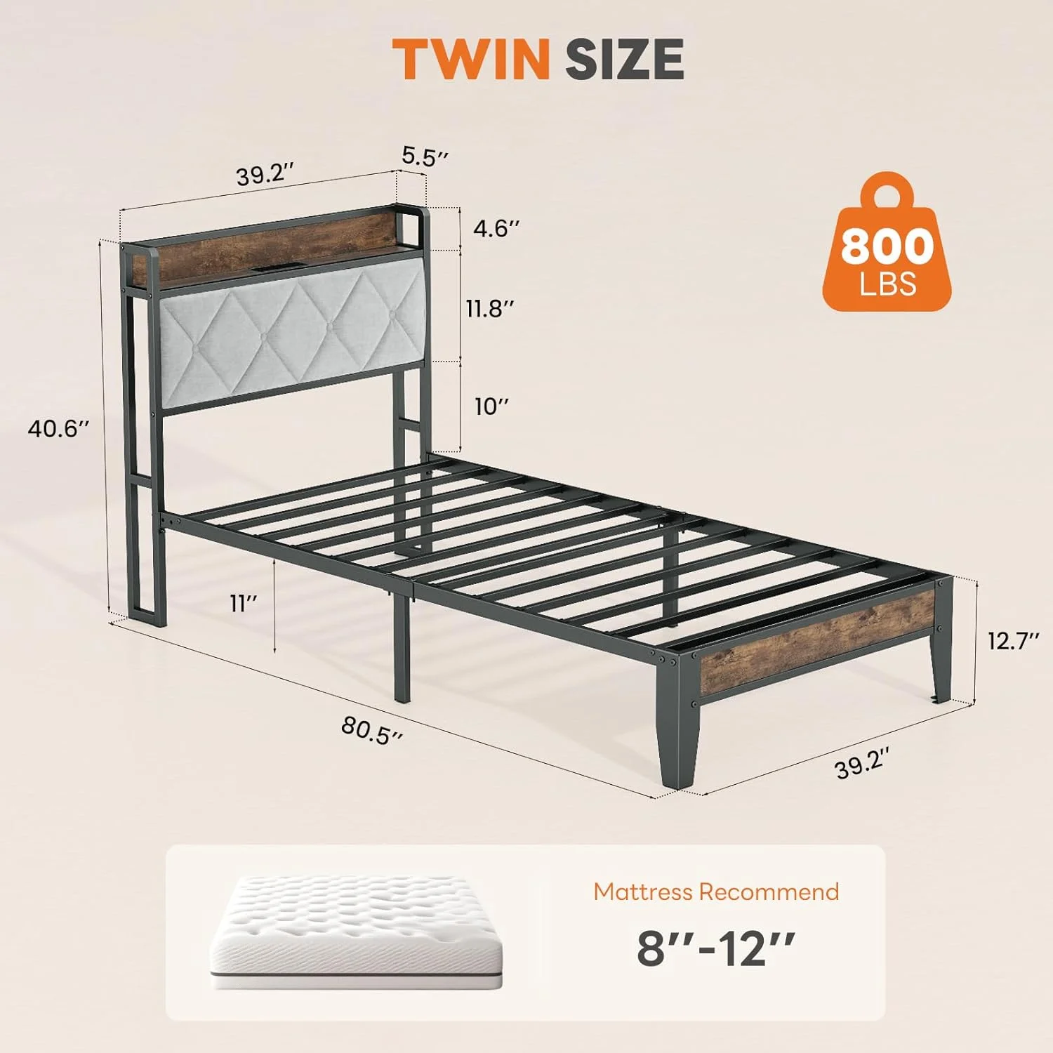 Twin Size Bed Frame with Headboard, Noise Free Frames with Solid Wooden Slats, No Box Spring Needed