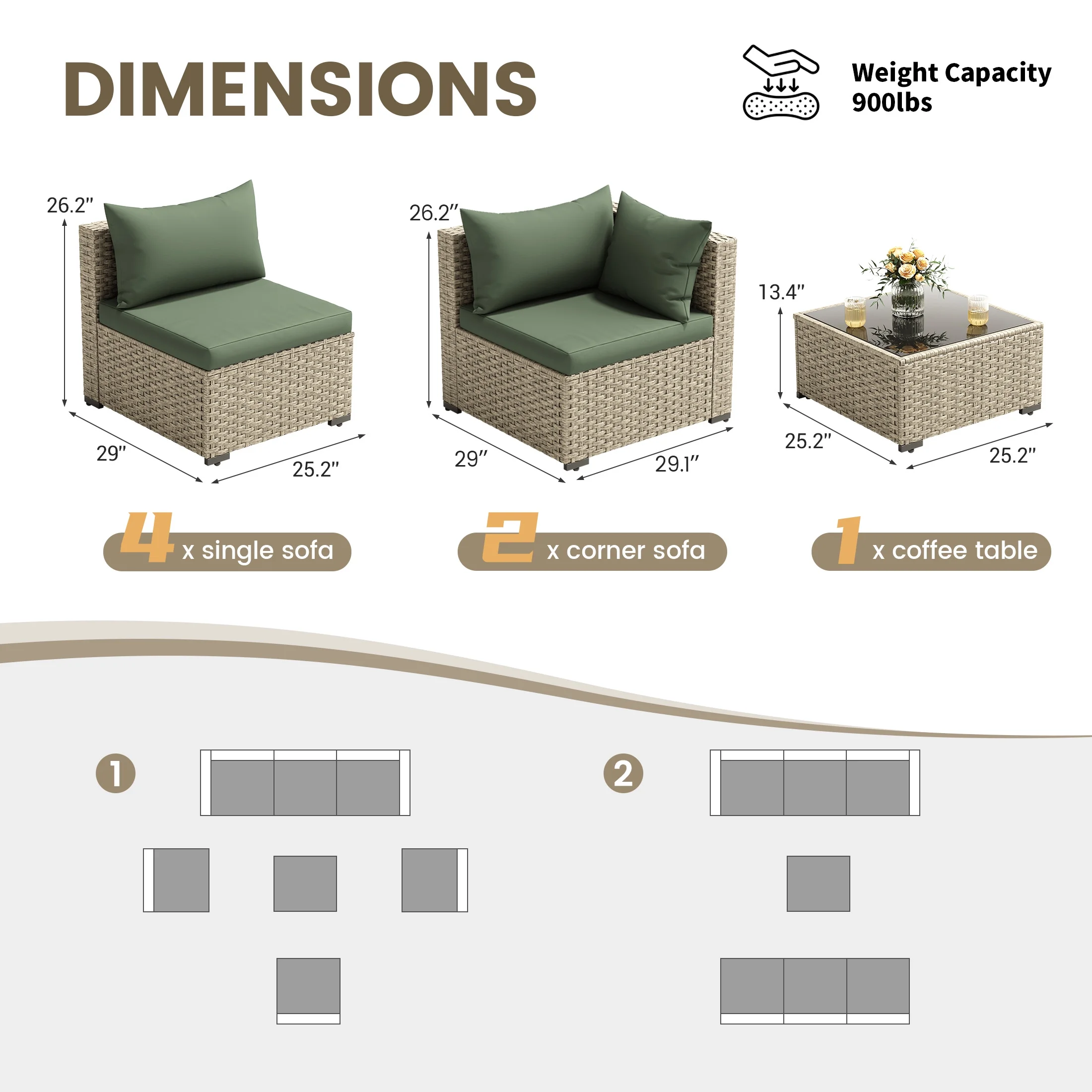 POTEBAN 7 Pieces Outdoor Patio Furniture Set, Grey Rattan Wicker Outdoor Conversation Sectional Sofa Set with Cushions for Backyard, Green