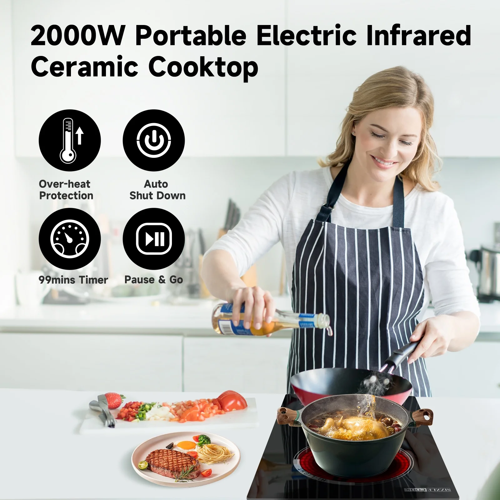 SizzleCook 2 Burner Electric Cooktop 110V Plug In, Countertop & Built-in Ceramic Stove Top, 12 inch Portable Infrared Double Burner Electric Stovetop with Outlet Plug, Child Safety Lock?