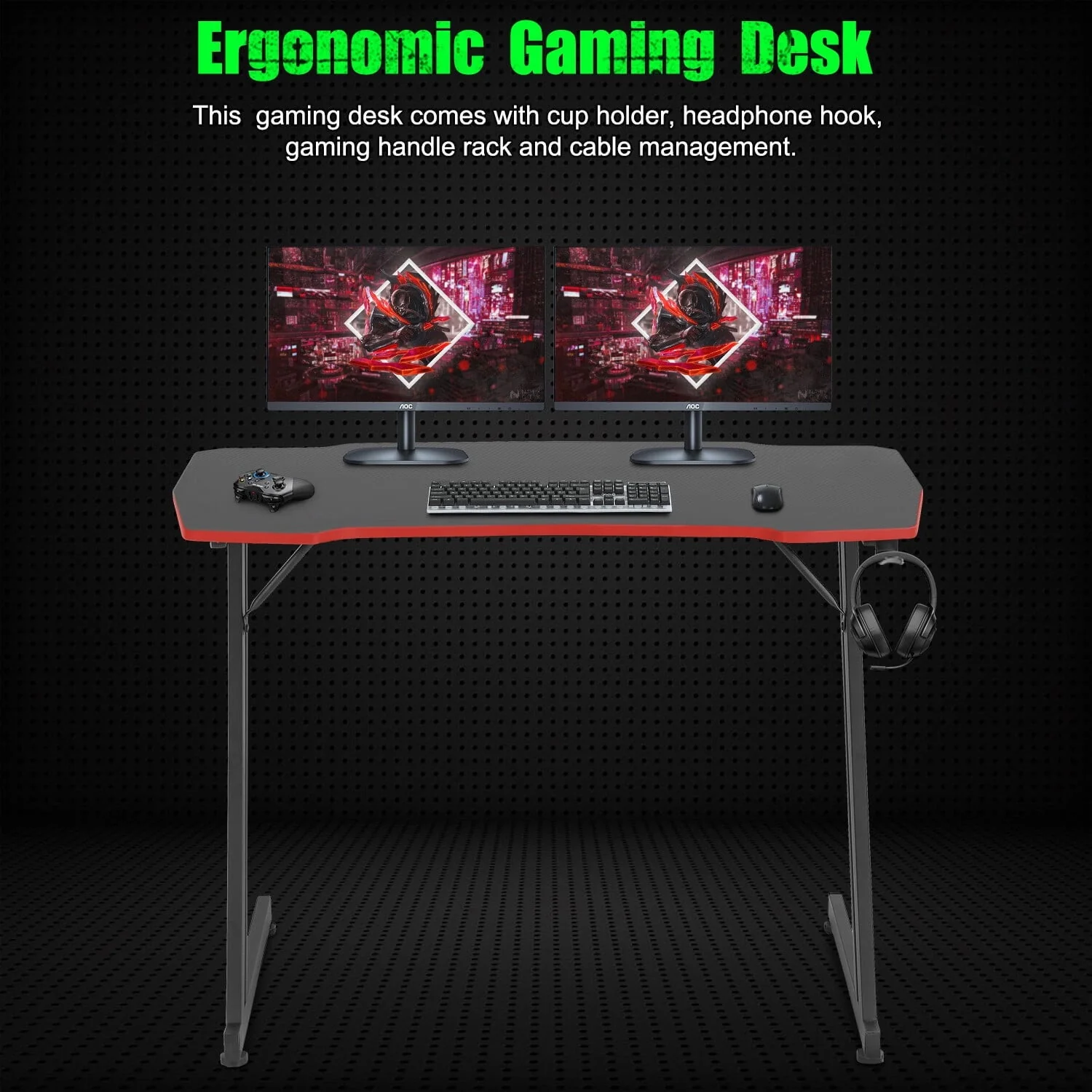 YRLLENSDAN Gaming Desk Z Shaped 40in Computer Gaming Workstation Ergonomic Gaming Table with Headphone Hook for Game Players, Red