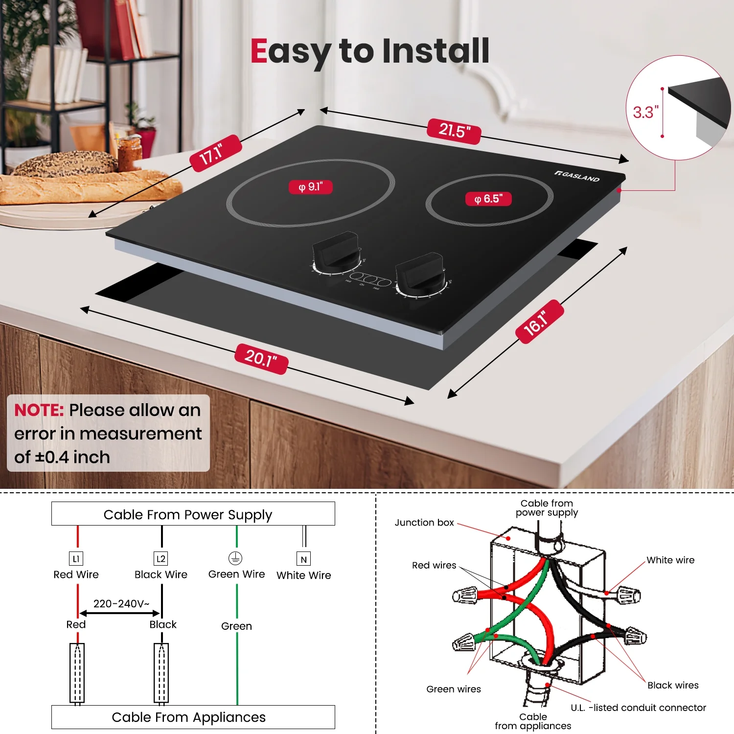 GASLAND 21 in 2 Elements Radiant Electric Cooktop with 9 Heating Levels, Smooth Surface, 240V