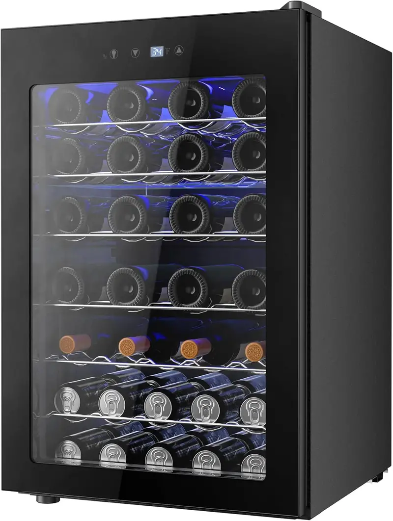 126-Can Beverage Mini Fridge with Tempered Glass Door – Adjustable Shelves & Stainless Steel Finish for Home. Office. or Bar