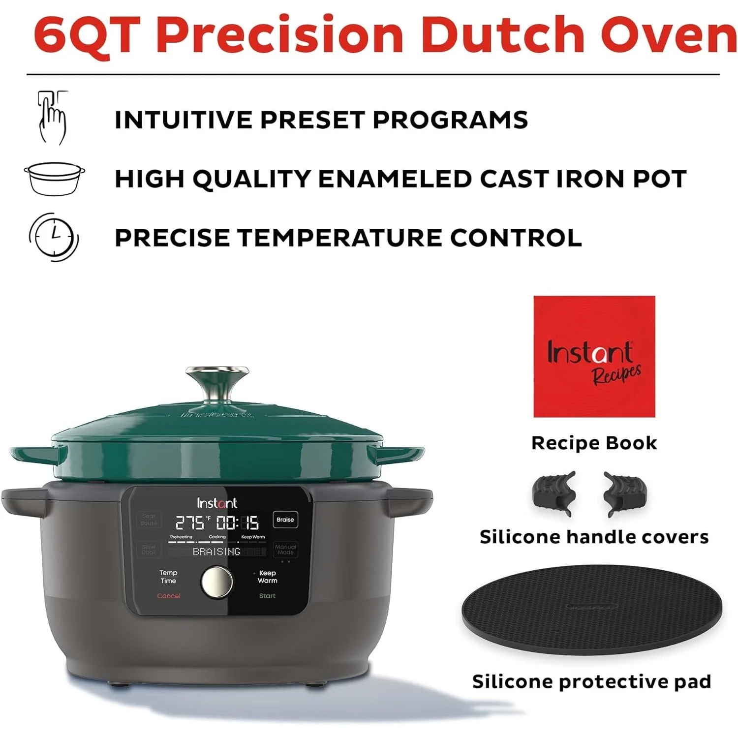 Instant Electric Round Dutch Oven, 6-Quart 1500W, From the Makers of Instant Pot, 5-in-1: Braise, Slow Cook, Sear/Saut��, Cooking Pan, Food Warmer, Enameled Cast Iron, Included Recipe Book, Green