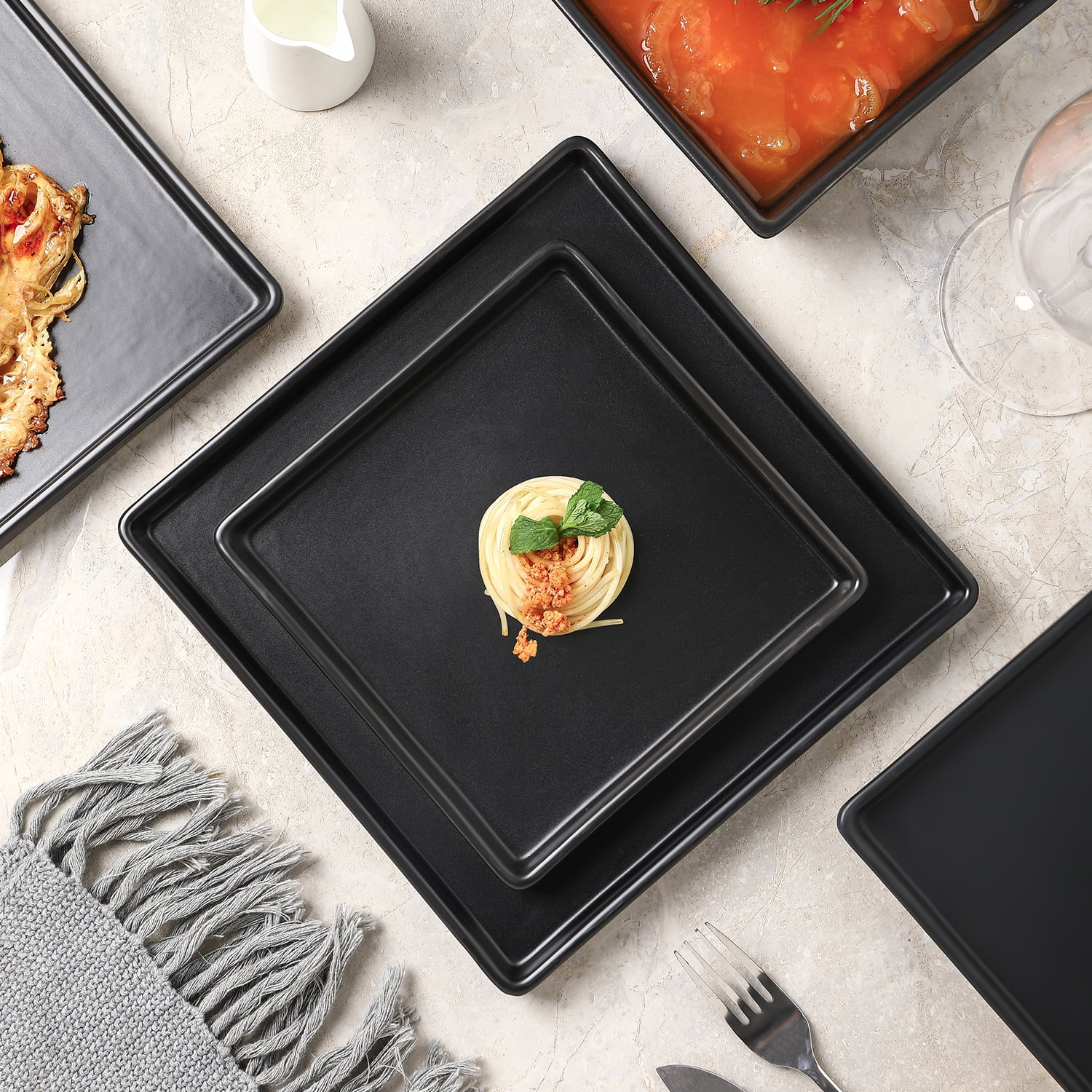 Stone + Lain Grace Stoneware Collection, Square Dinnerware Set, 12-Piece Service for 4, Black Matte