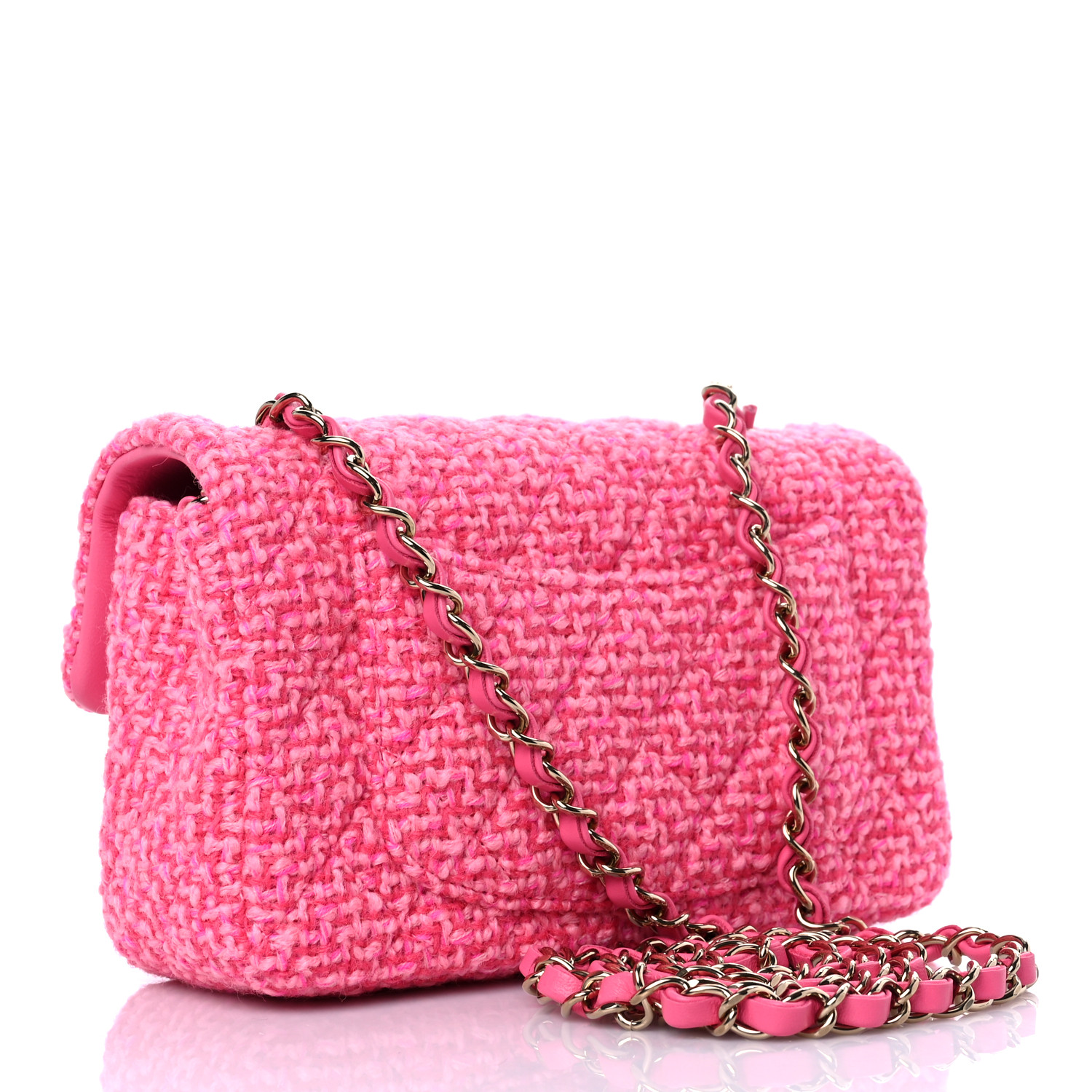 Wool Tweed Quilted Mini Rectangular Flap Dark Pink Fuchsia