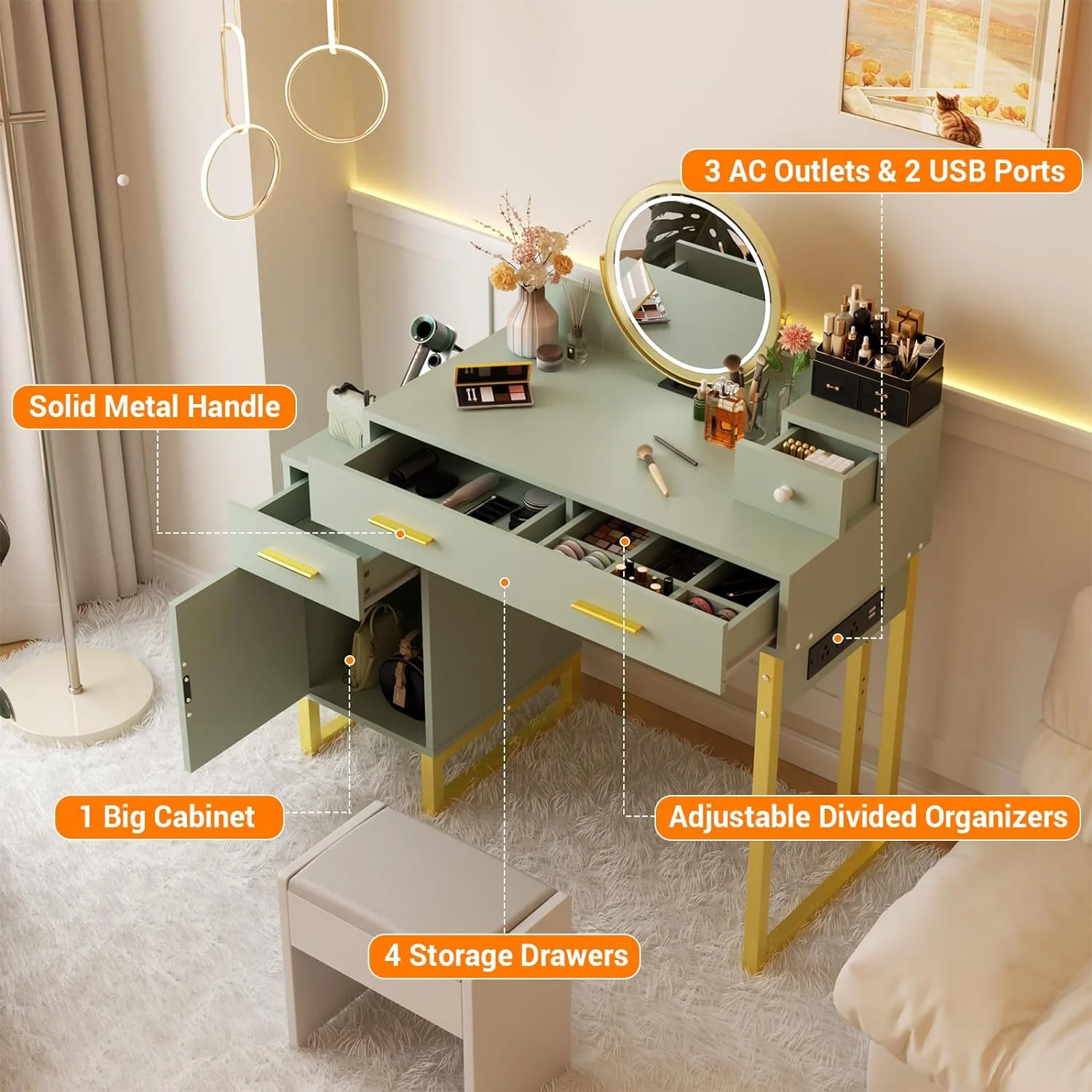 Vanity Desk With 4 Drawers and Cabinet, Makeup Vanity Table With Charge Station Socket, Small Space Makeup Bedside Cupboard, Gift for Her Choice, Suit for Apartment/Dorm/Bedroom, Cute Pink
