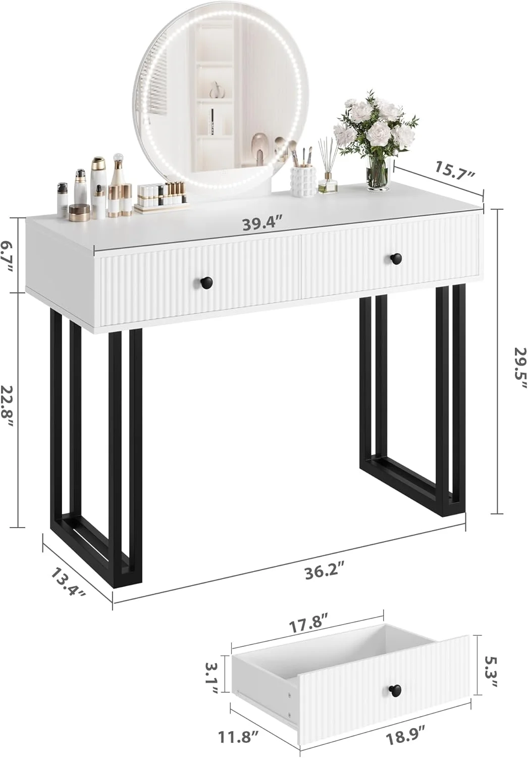 Vanity Desk with Mirror and Lights, Small Makeup Vanity with 2 Drawers, Modern Vanity Organizer with 3 Color Lights＆Adjustable Brightness, Dressing Table for Bedroom, White