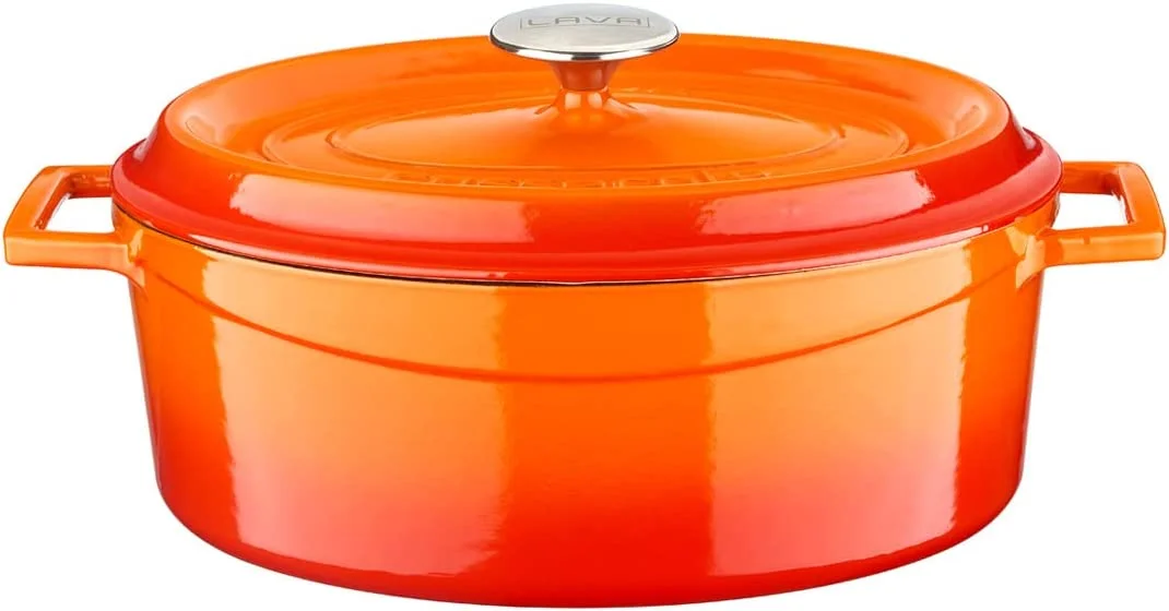LAVA 6.75 Quarts Cast Iron Dutch Oven: Multipurpose Stylish Oval Shape Dutch Oven Pot with Three Layers of Enamel Coated with Trendy Lid (Blue)