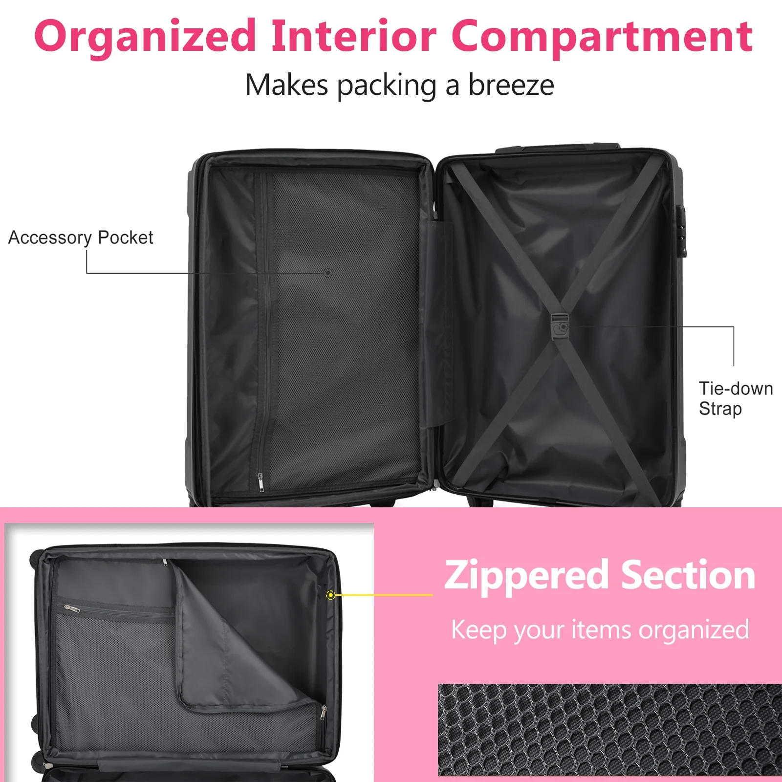 EUROCO 3 Piece Luggage Set, Expandable Hardshell Suitcase with TSA Lock and Double Spinner Wheels,ABS Lightweight Durable Travel luggage Set(20