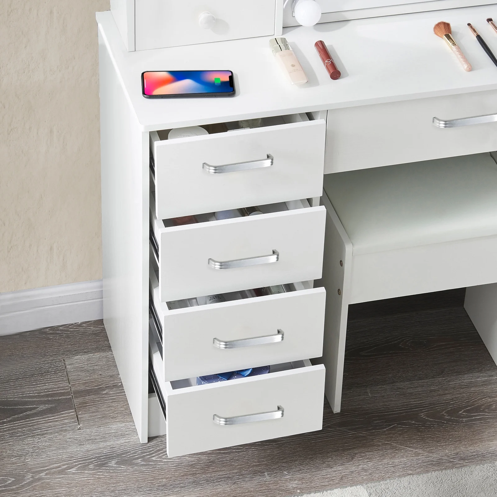 Yamissi Modern Vanity Table with Sliding Mirror and 10 LED Lights, Bedroom Makeup Desk Set with Stool, 6 Drawers & Shelves, White