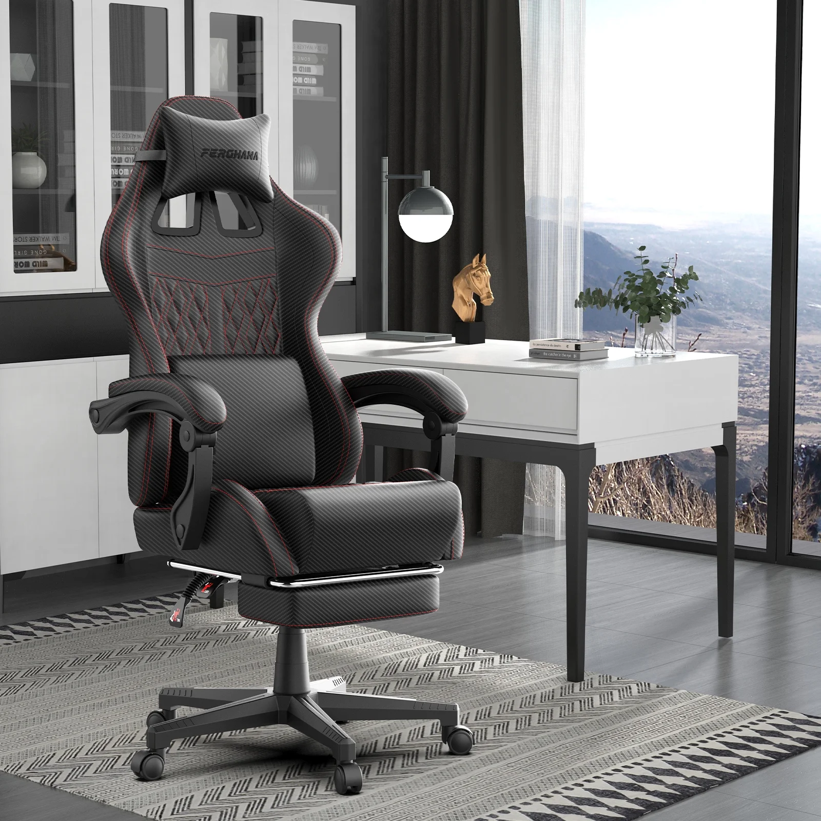 SOONTRANS Gaming Chair with Footrest, Computer Game Chair with Massage Lumbar Support & Headrest, High Back Vintage Office Game Chair for Adults and s, Black