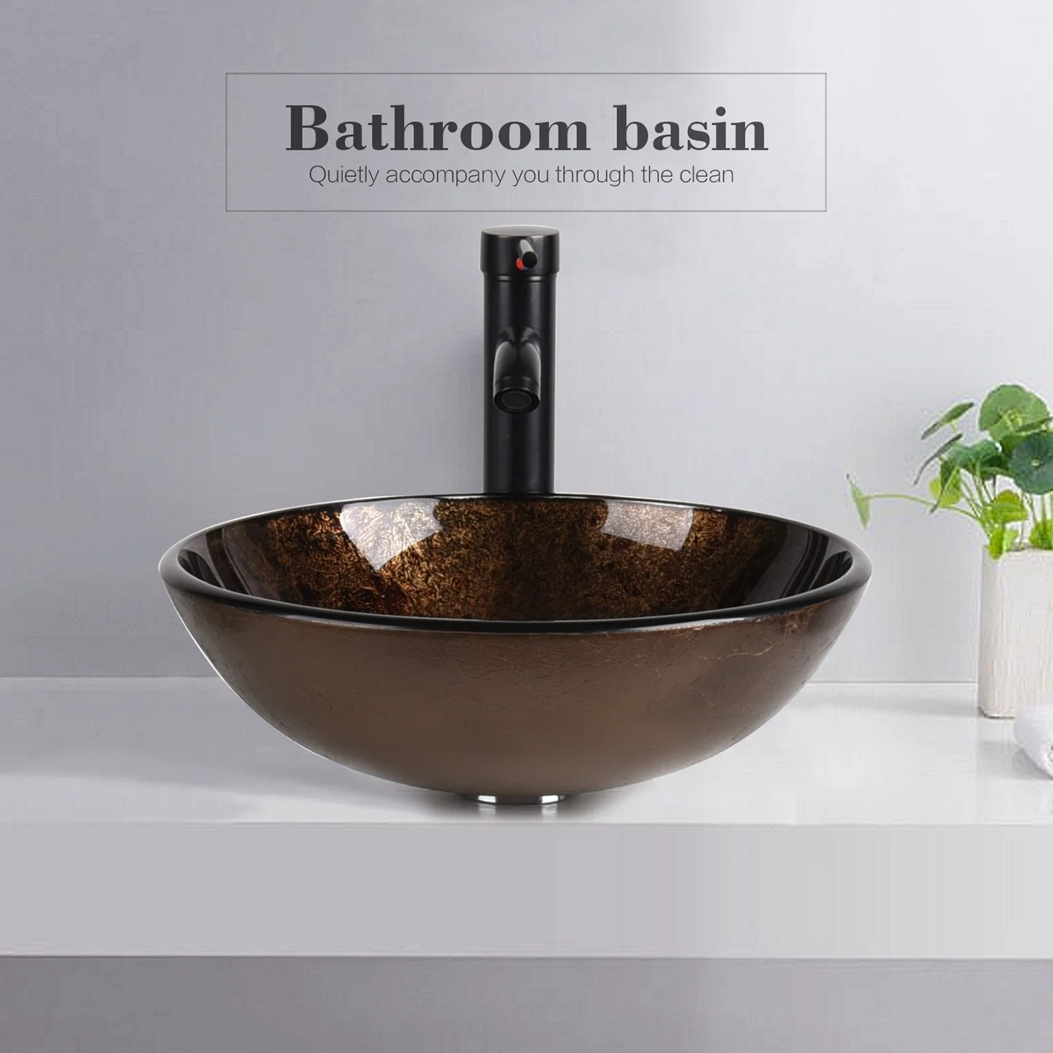 PULUOMIS Vessel Sink and Faucet Combo Bath Sinks with Mounting Ring and Pop Up Drain Round Bowl Basin Brown