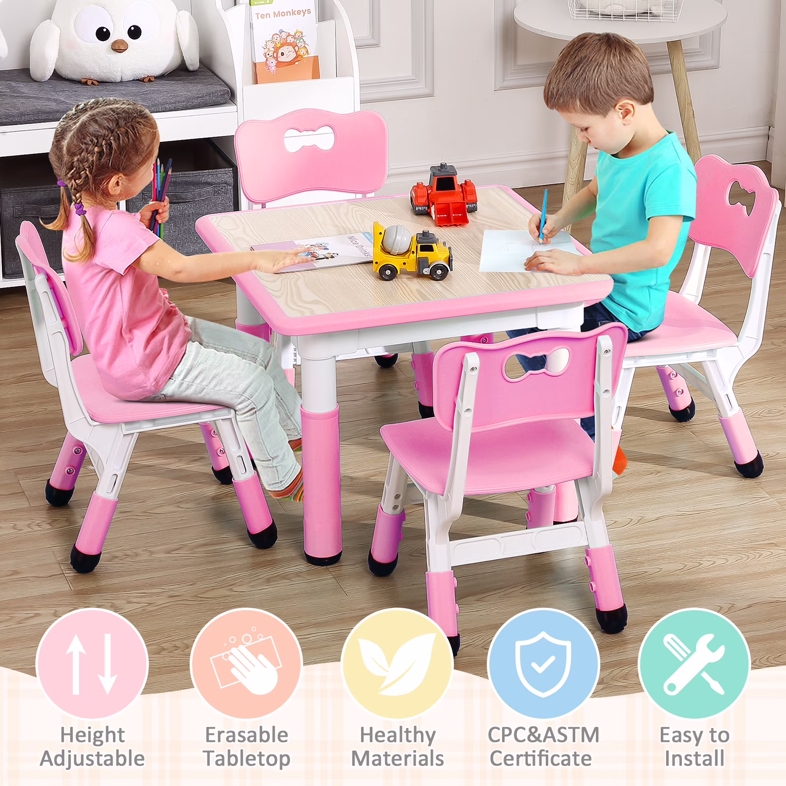 KATIDAP Kids Table and 4 Chairs Set, Height Adjustable Toddler Table and Chair Set, Graffiti Desktop, Classroom/Daycare/Home, Children Multi-Activity Table for Ages 2-8,Blue