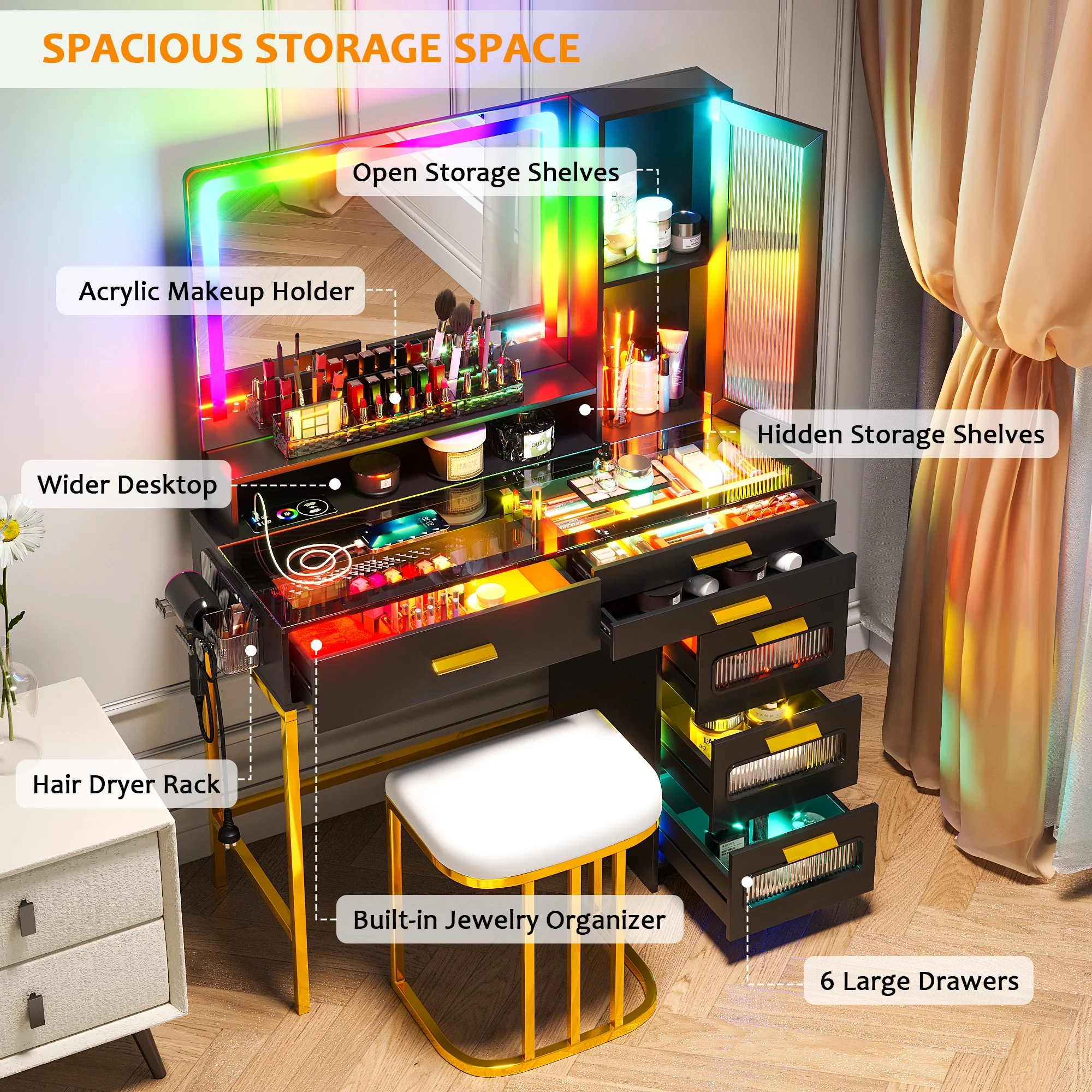 HNEBC Vanity Desk with Mirror and RGB Lights, Glass Top Makeup Vanity with Auto Sensor Lights and Wireless Charging, Vanity Table Set with Cushion Stool, Dressing Table with 6 Drawers (White)
