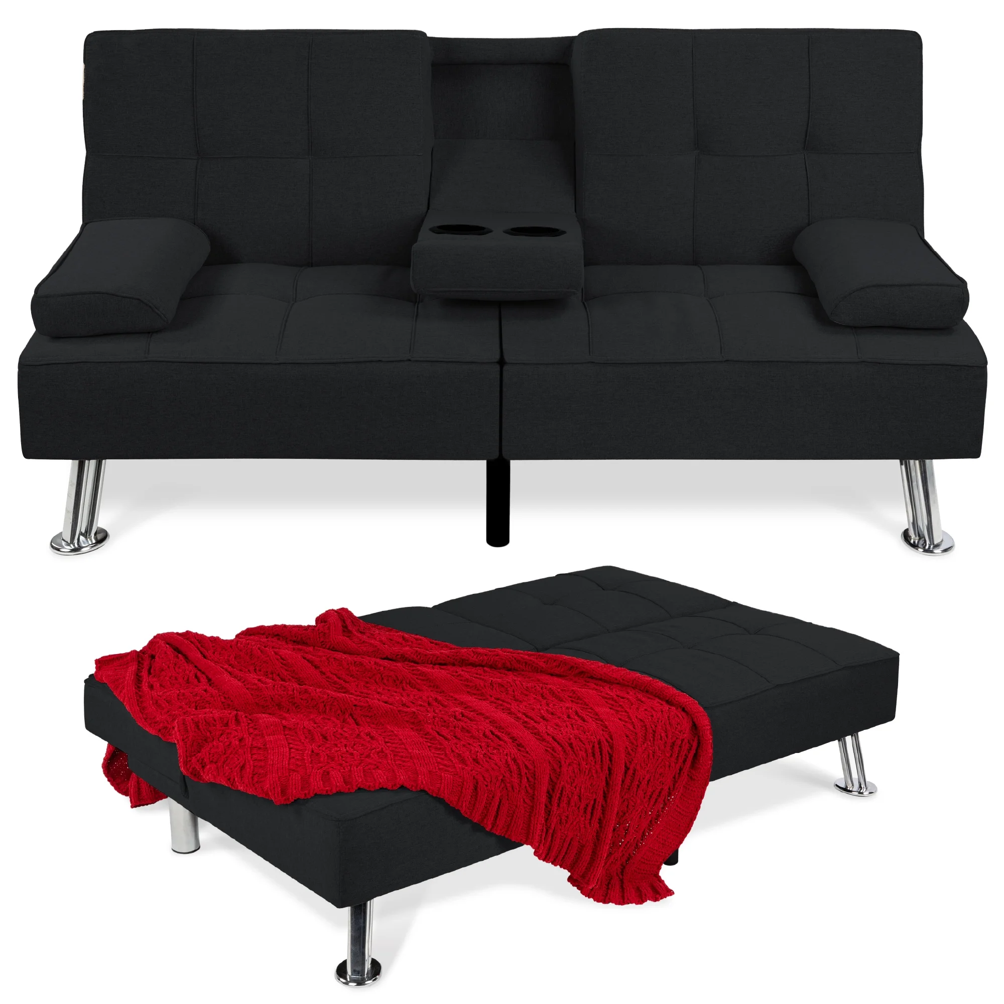 Best Choice Products Modern Linen Convertible Futon Sofa Bed w/ Removable Armrests, Metal Legs, Cupholders - Black