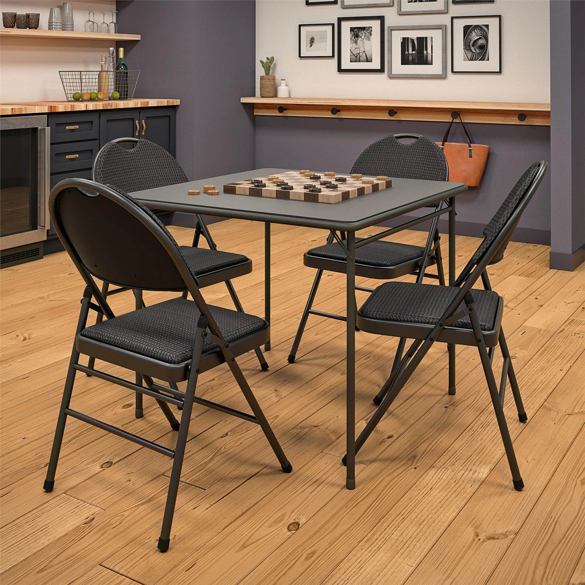 COSCO Commerical Triple-Braced Metal Folding Chairs with Fabric Seating, 4-Pack, Black