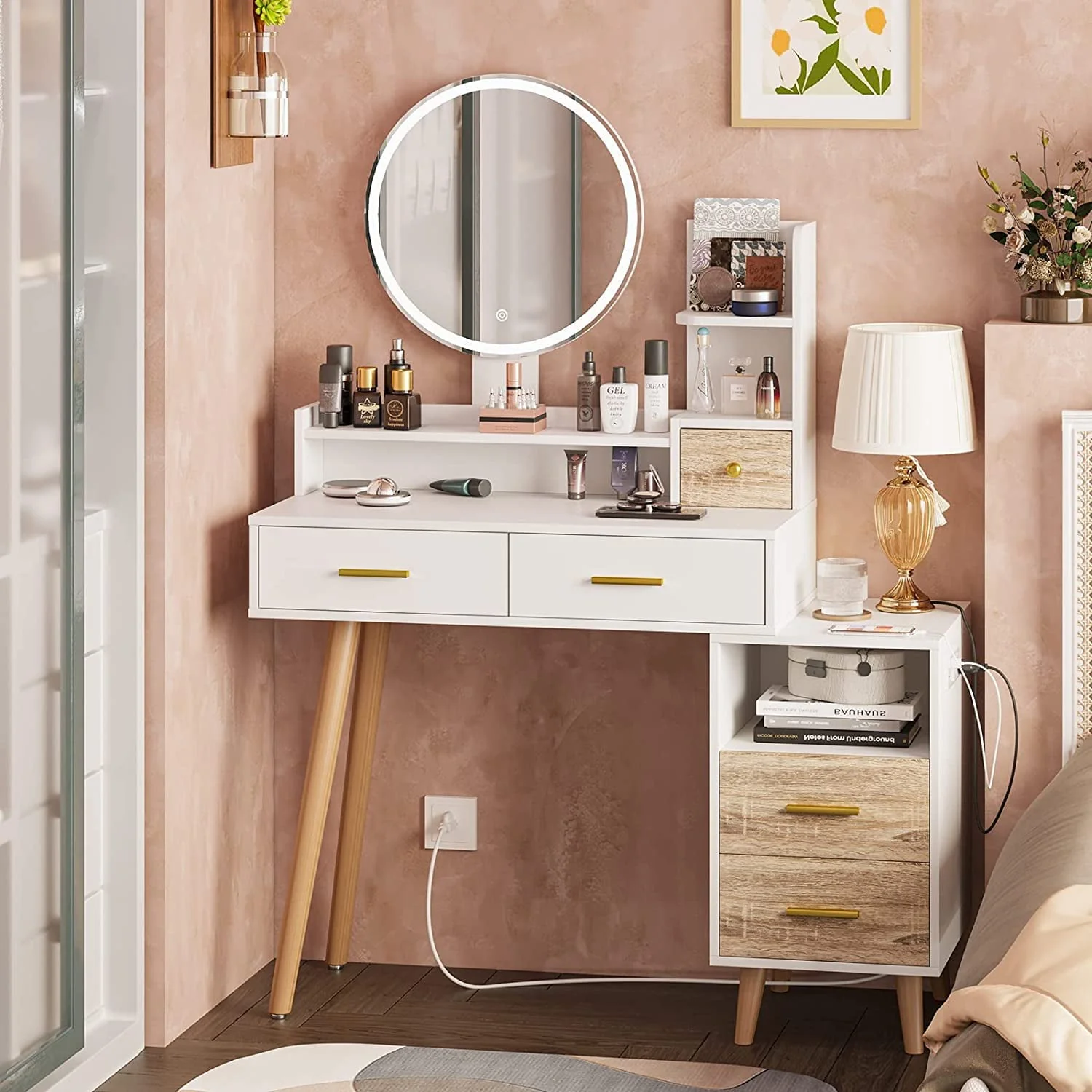 Tiptiper Vanity Mirror with Lights and Table Set, Makeup Vanity with 3 Color Lighting Modes and Charging Station, Vanity Desk with Nightstand and Open Shelves