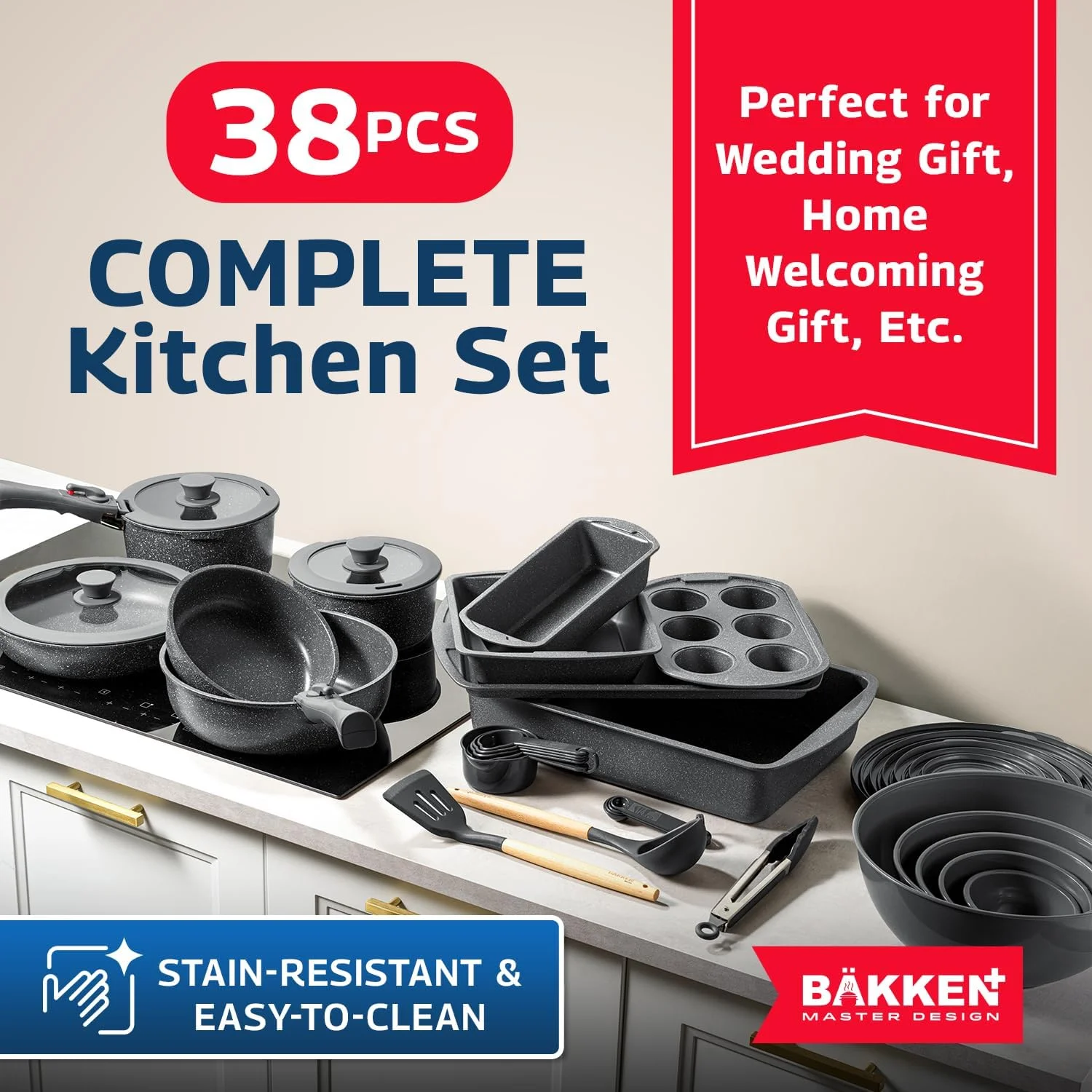 Bakken Master 38 Piece Granite Cookware and Bakeware Set �C Nonstick Granite Coating, Pots and Pans with Detachable Handles and Tempered Glass Lids, 6-piece Bakeware set, 12-piece Mixing Bowls,Brown