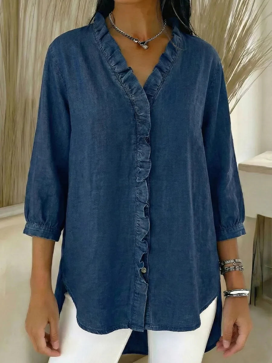 🔥Hot Sale🔥Women's Casual Denim V-Neck Ruffled Shirt