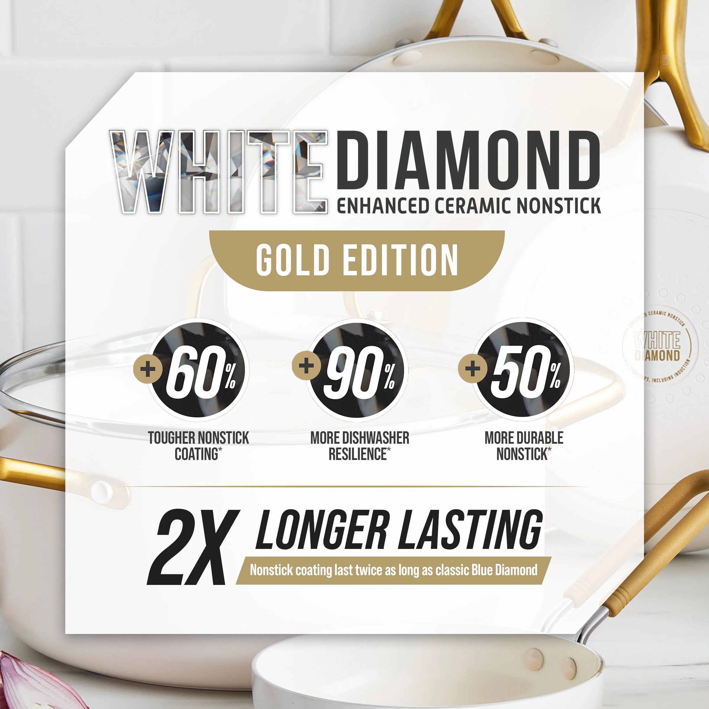 Blue Diamond White 12 Piece Nonstick Aluminum Pot and Pan Cookware Set, Gold