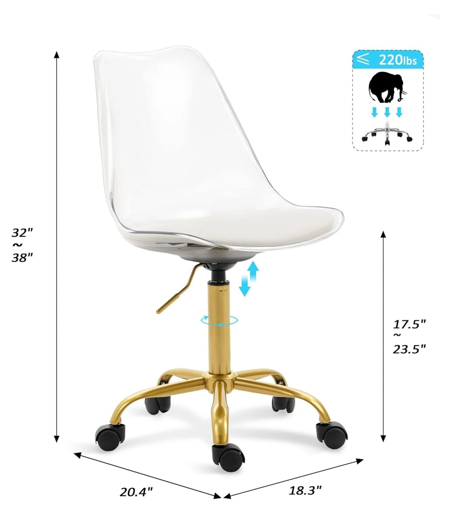 saney Clear Rolling Chair, Armless Desk Chair with Golden Feet Swivel Molded Plastic Shell Adjustable Home Office Chair with Wheels, Clear